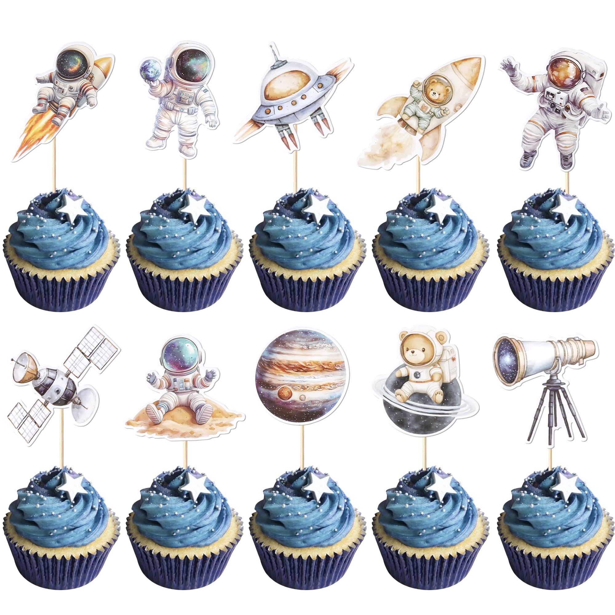 Rsstarxi 40 Pack Space Astronaut Theme Cupcake Toppers Rocket Planet Spacecraft Cupcake Picks Trip to the Moon Theme Cake Decorations for Baby Shower
