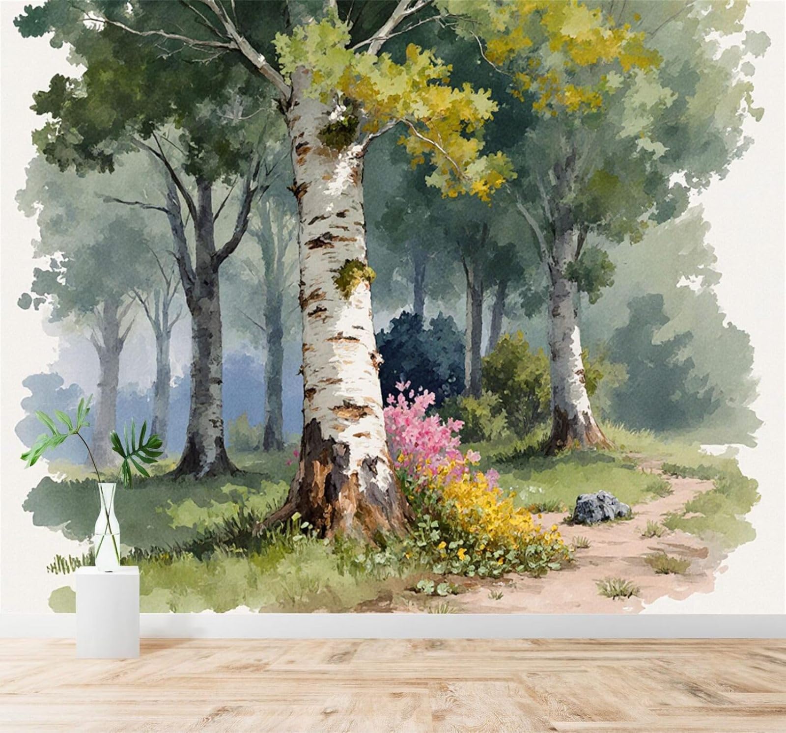 XLMING Fresh Air Woodland Wildflowers Mist A Footpath 3D Wallpaper Silky Texture Home Study Office Grey Dining Room Sofa Bedroom Living Room TV Backdrop-250cm×170cm