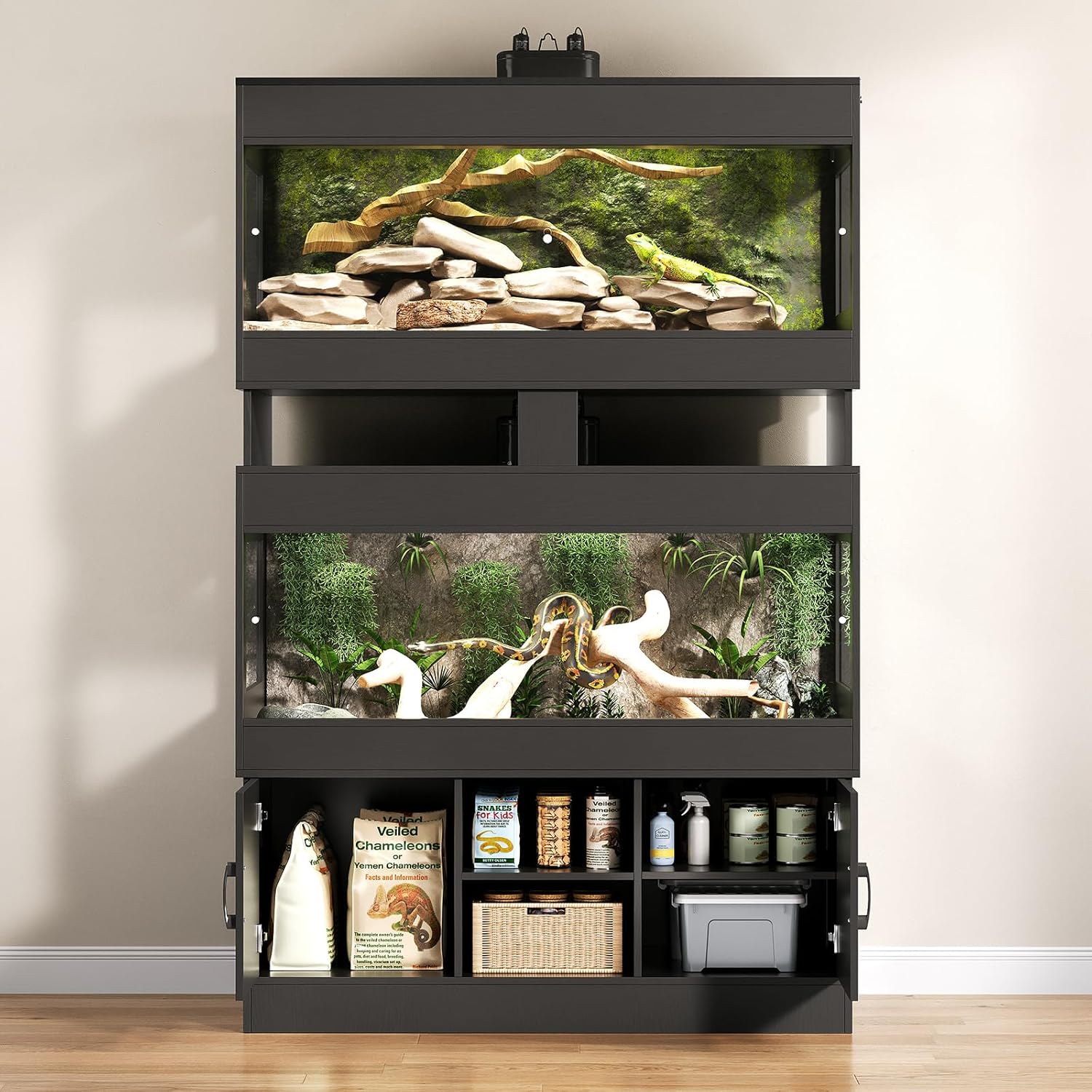 Dual 120 Gallon Reptile Tank with Stand,4x2x2 Reptile Enclosure,Bearded Dragon Tank,Reptile Terrarium with Cabinet,Sliding Doors for Snakes,Lizards,Built-in Power Outlet Black CAGE002B