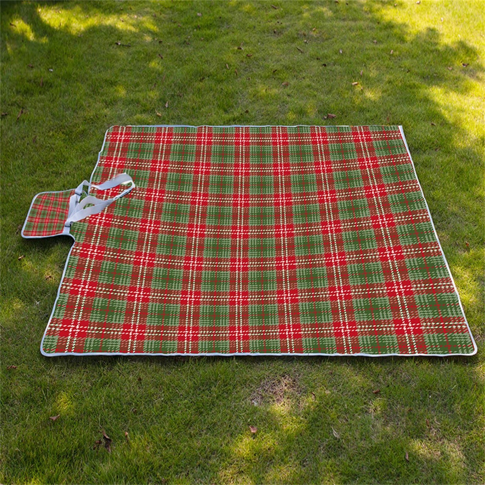 Manta Picnic Impermeable 100x150cm,Lavable Picnic Blanket,Ultrasónica Mantel Picnic,con Mango Multifunción para Acampar Playa Parque de Senderismo,Rojo Verde a Cuadros