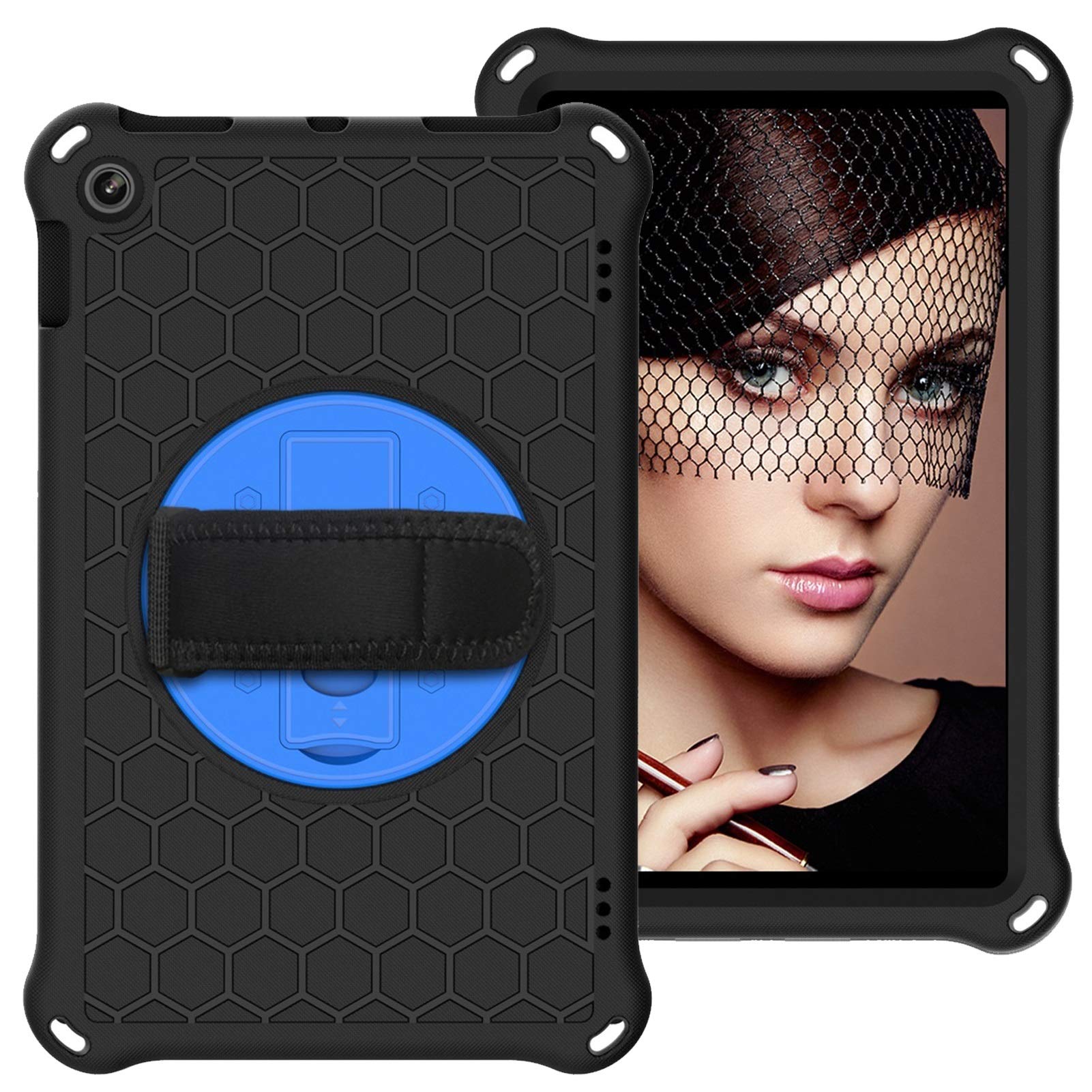Dla Kindle Fire HD 10 "Tablet Case, dla 10" 2017 2018 2019 Tablet, z stojakiem obrotowym, wytrzymałym obowiązkiem, odporne na wstrząsy obrotowy, uchwyt dłoni, pasek ramię(Black+Blue)
