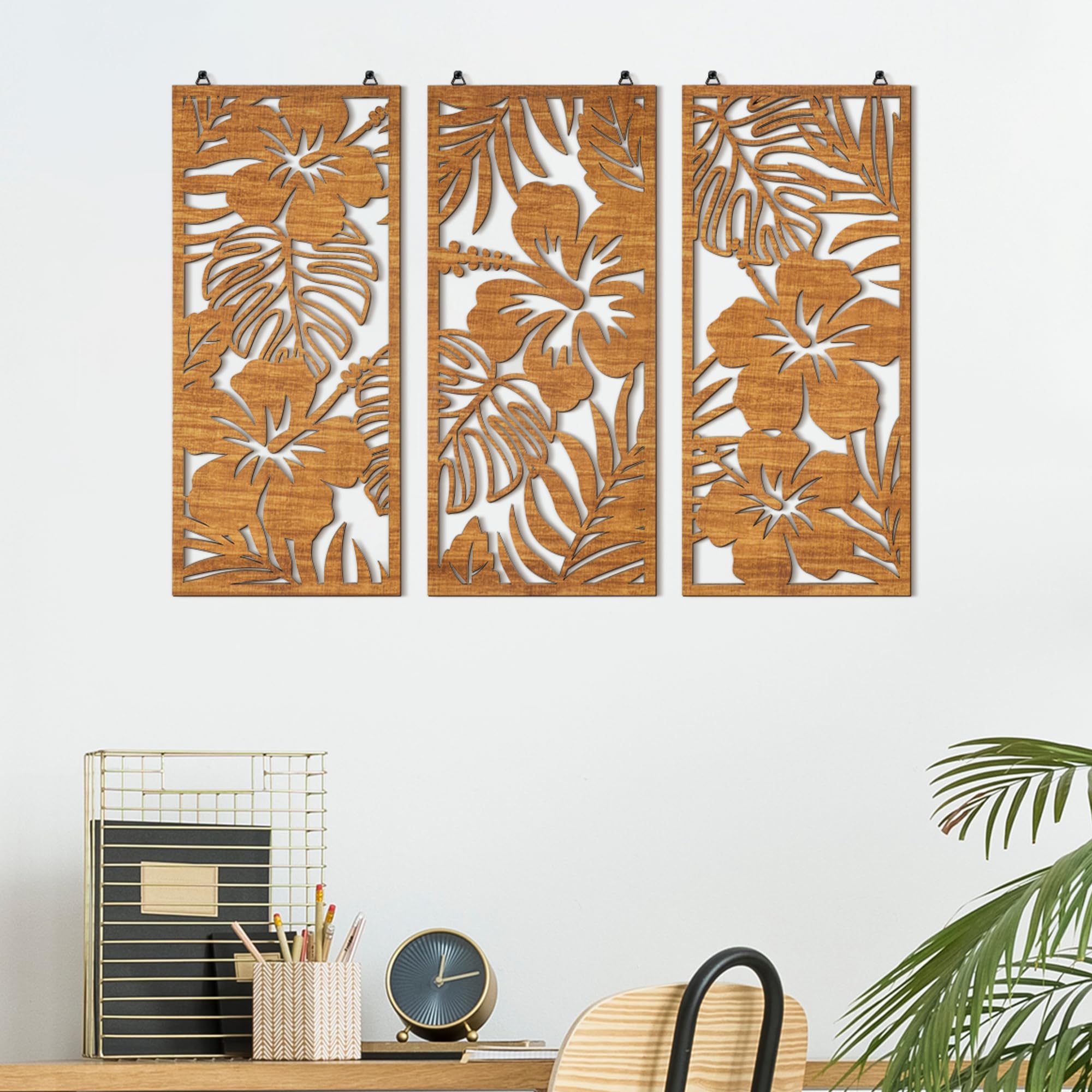Threehoney 3 Pcs Tropical Wall Decor 3d Wooden Palm Leaf Wall Art Monstera Sculptures Wood Hibiscus Flowers Hanging Decor Vintage Plant Plaque for Home Bathroom 7.09 x 15.75 Inch(Classic Style)