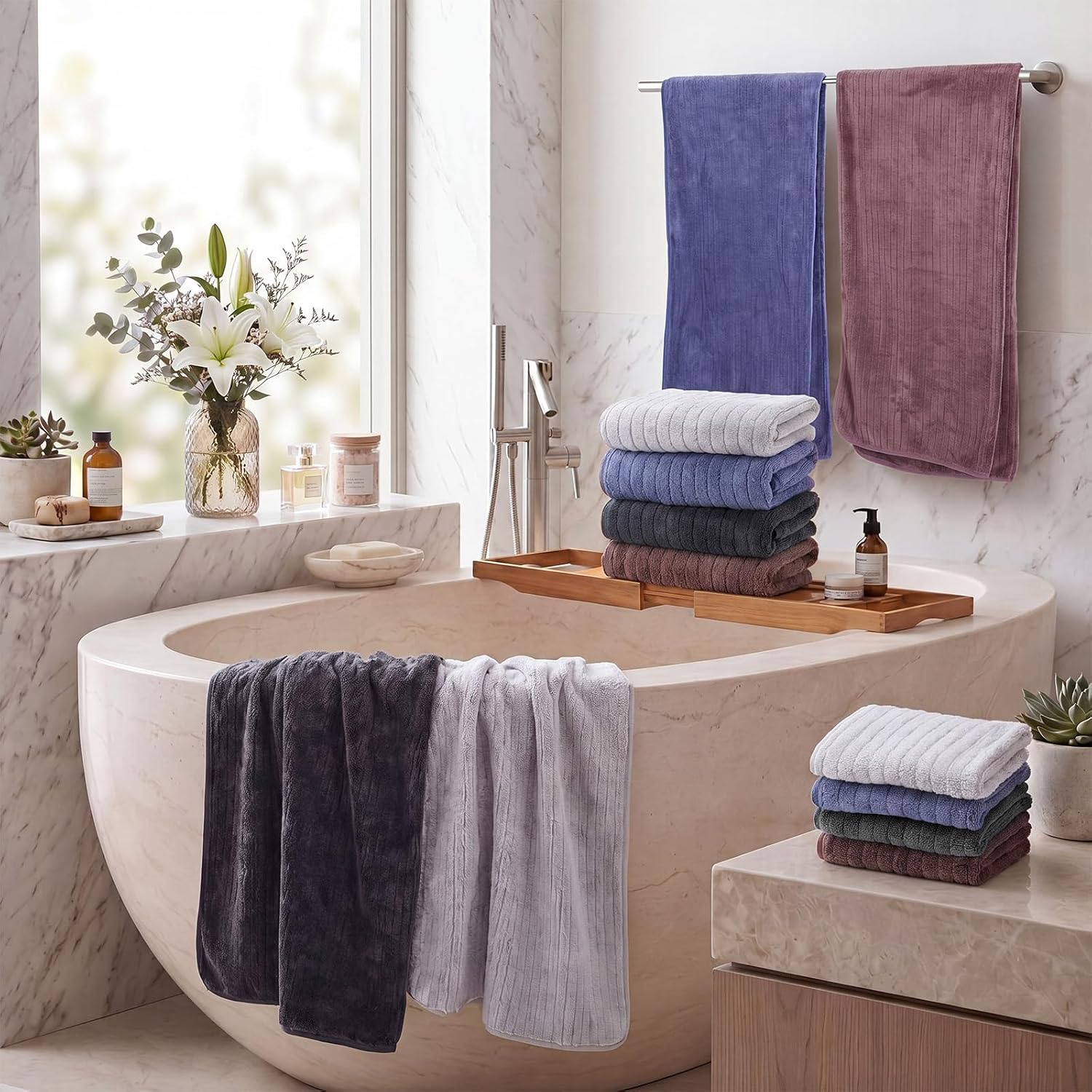 12 Pcs Microfiber Bath Towels Set Included 4 Large Bath Towel 4 Hand Towel 4 Washcloth Soft Coral Velvet Absorbent Quick Dry Towels with Hanging Loop for Dorm Shower Spa Gym Hotel