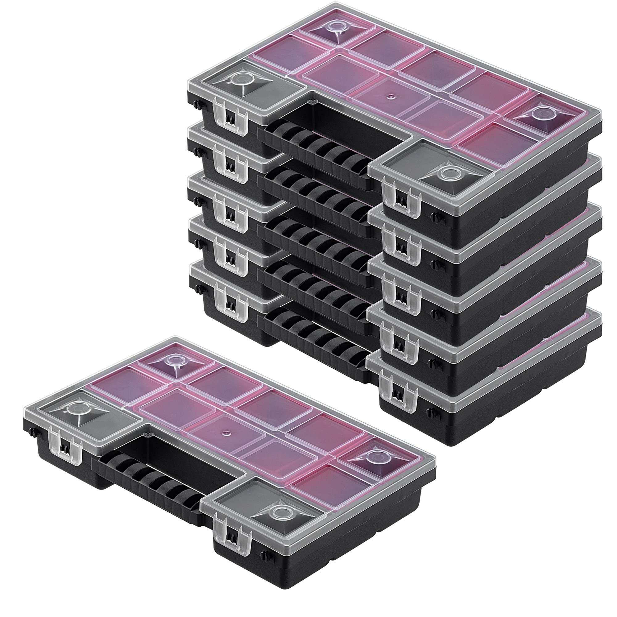 KADAX Organizer con Coperchio Trasparente – Cassetta Porta Minuteria a Scomparti per Viti, Bulloni, Ferramenta, Officina e Garage – Plastica Resistente (28 x 18 cm, 6 Pezzi)