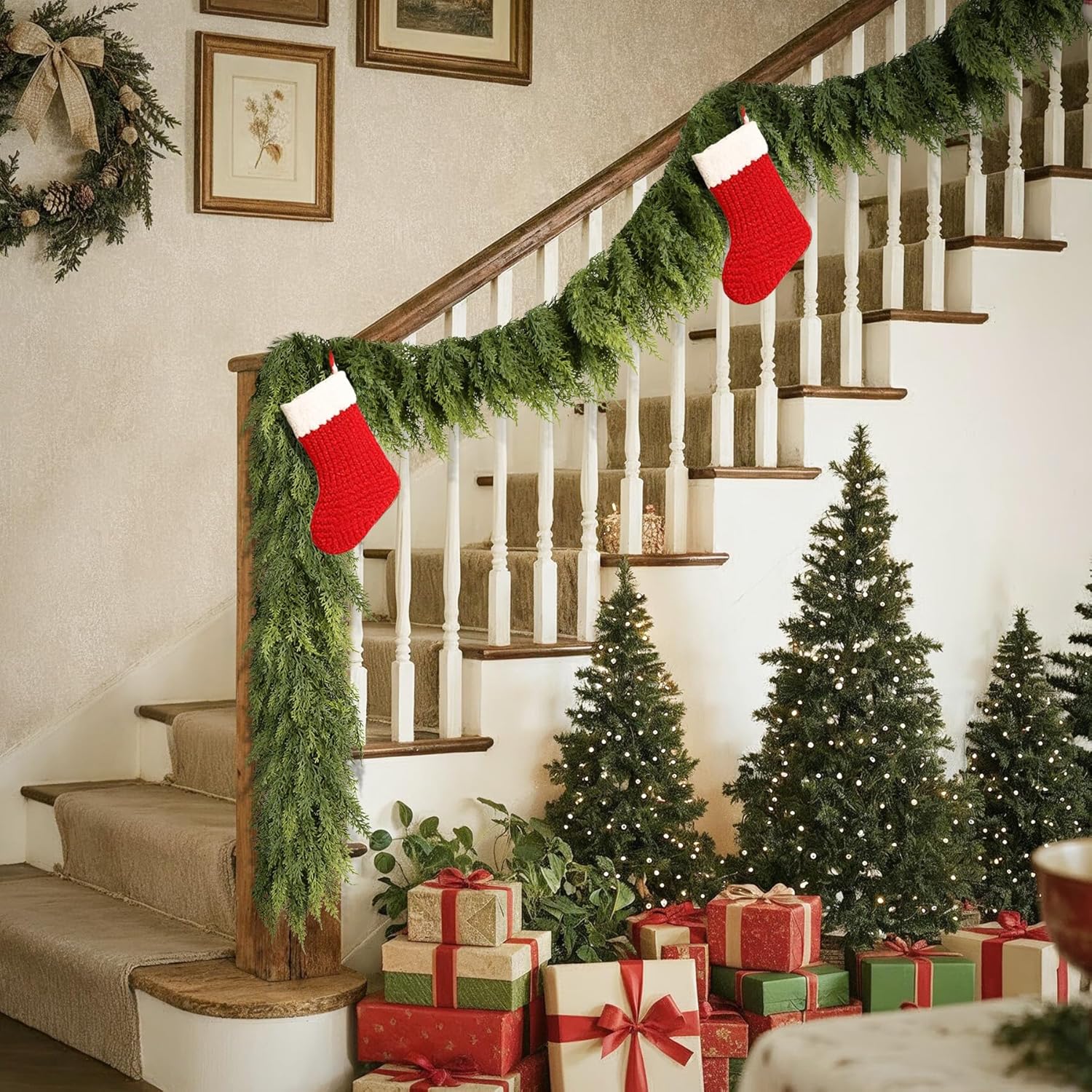 9FT Christmas Garland Cedar Garland Real Touch Faux Greenery Cypress Garlands for Mantle,Table,Wall,Christmas Decorations Indoor Outdoor