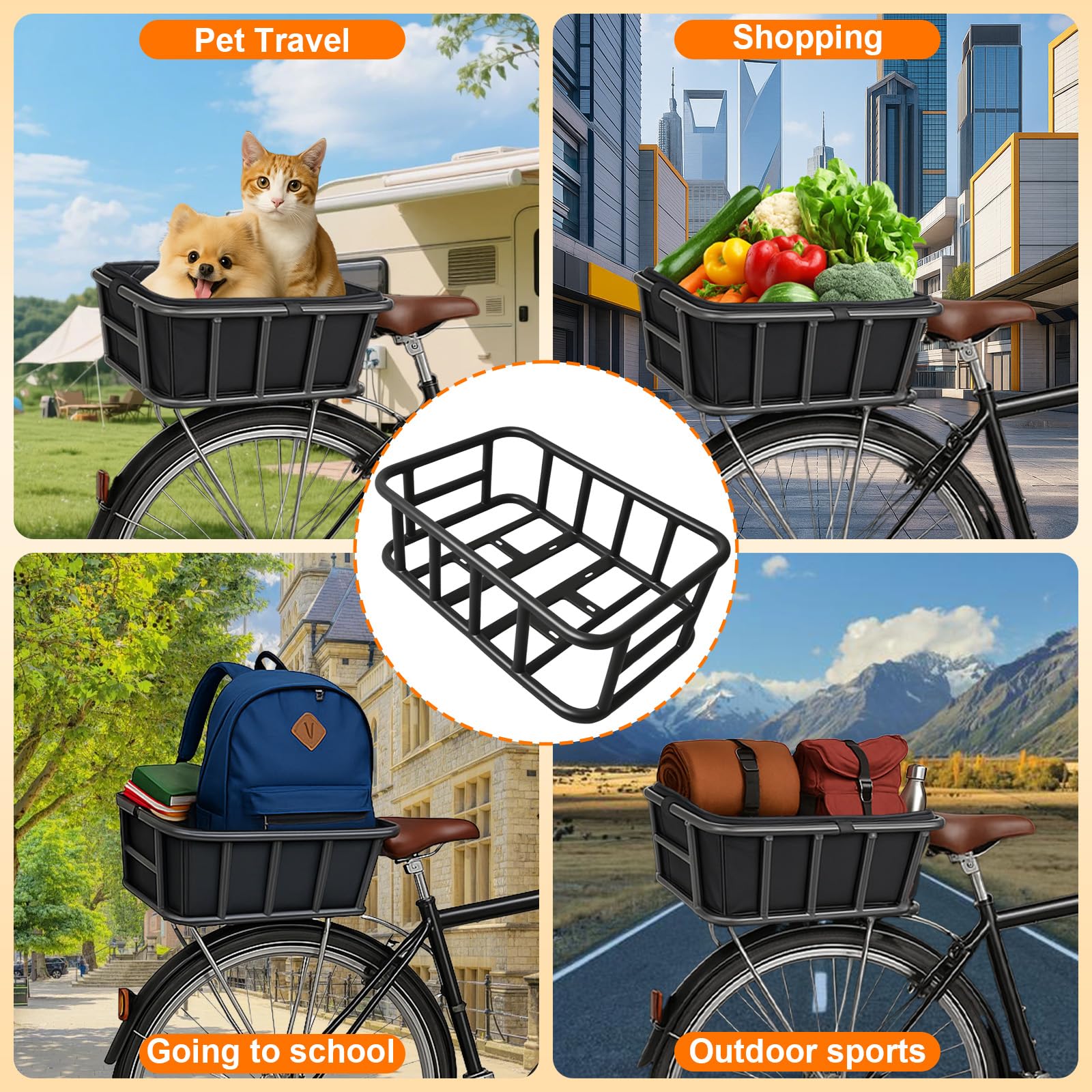 Fahrradkorb Hinten aus Metall mit Innentasche, Gepäckträgerkorb für Einkauf Reisen Haustiere und Lebensmittel, Universeller Transportkorb für Fahrrad Gepäckträger, Passend für Fahrräder und E-Bikes