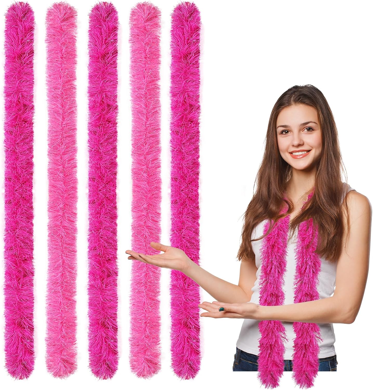 FeelfunFeather 5pcs Feather Boa - Pink Mix Artificial Fluffy Boas Bulk 5 Ft for Wedding Birthday Tea Party Christmas Costume Decor(Fuchsia,Pink)