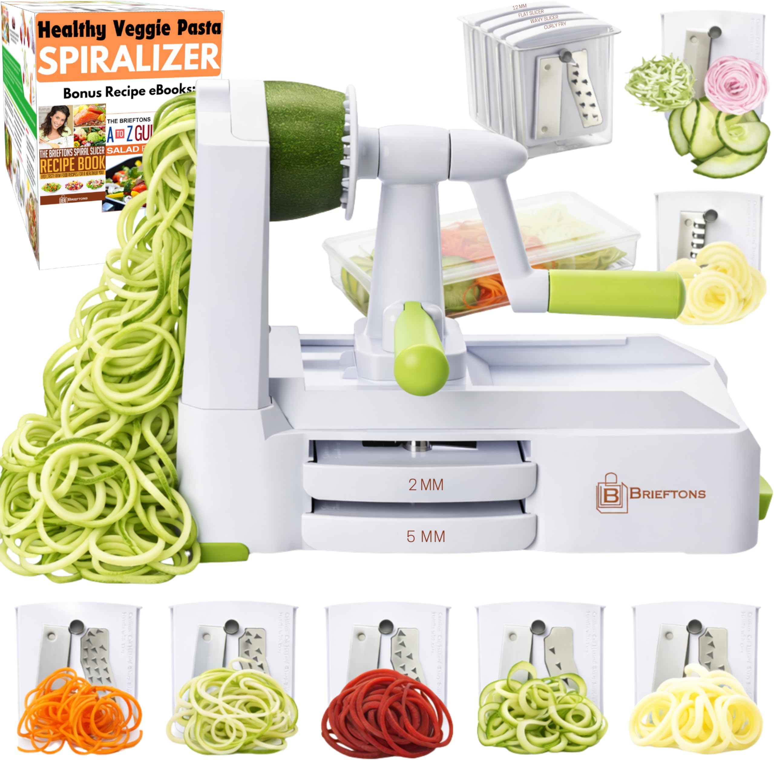 Brieftons 7-Blade Vegetable Spiralizer: Zucchini Spiral Slicer & Veggie Noodle Maker, Japanese Steel Blades, Catch Container, Strong Suction Cup, Blade Caddy, 4 eBooks | Low Carb, Vegan, Gluten-Free