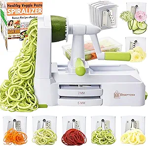 Brieftons 7-Blade Vegetable Spiralizer: Zucchini Spiral Slicer & Veggie Noodle Maker, Japanese Steel Blades, Catch Container, Strong Suction Cup, Blade Caddy, 4 eBooks | Low Carb, Vegan, Gluten-Free