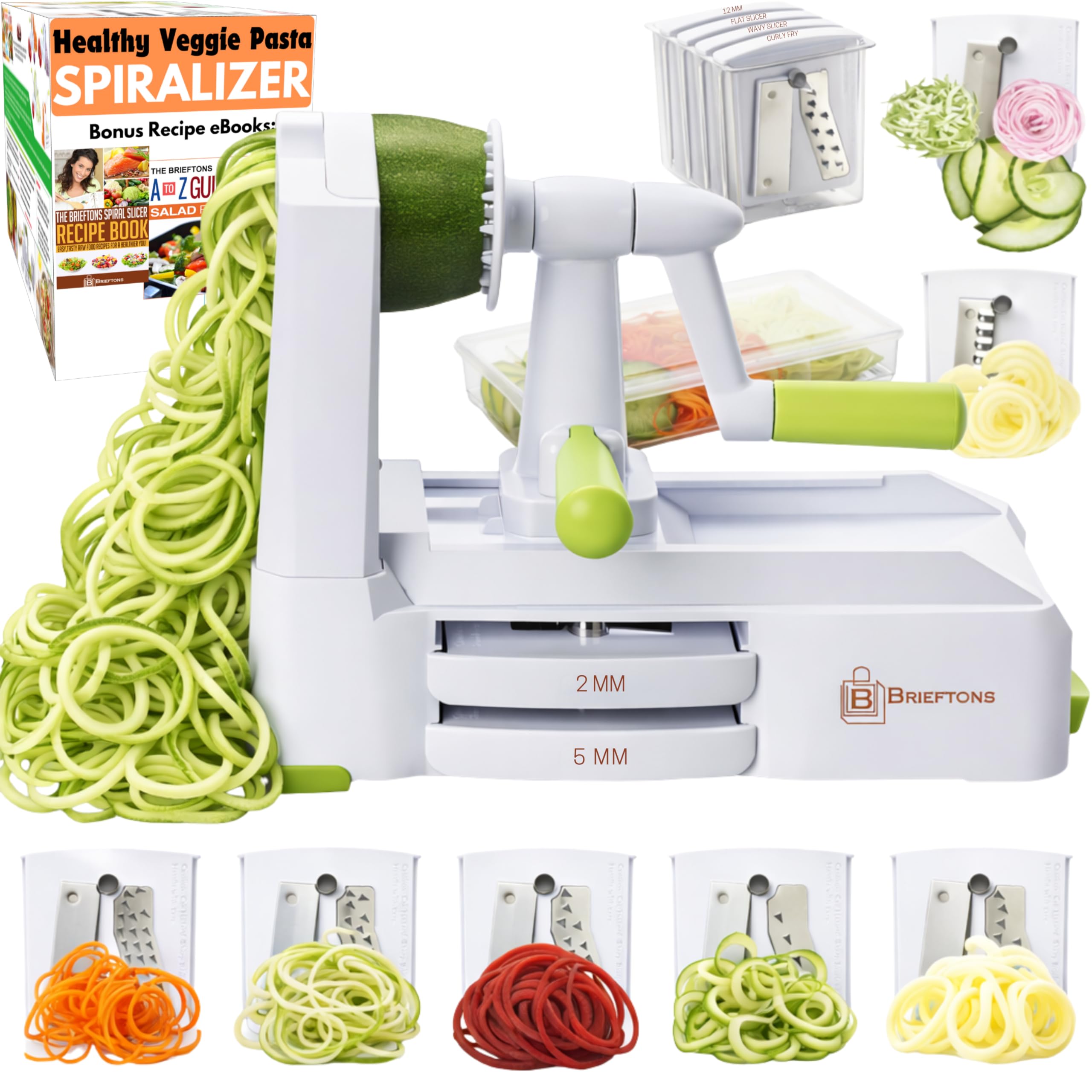 Brieftons 7-Blade Vegetable Spiralizer: Strongest-Heaviest Spiral Slicer, Best Veggie Pasta Spaghetti Maker for Low Carb/Paleo/Gluten-Free Meals, with Blade Caddy, Container, Lid & 4 Recipe Ebooks