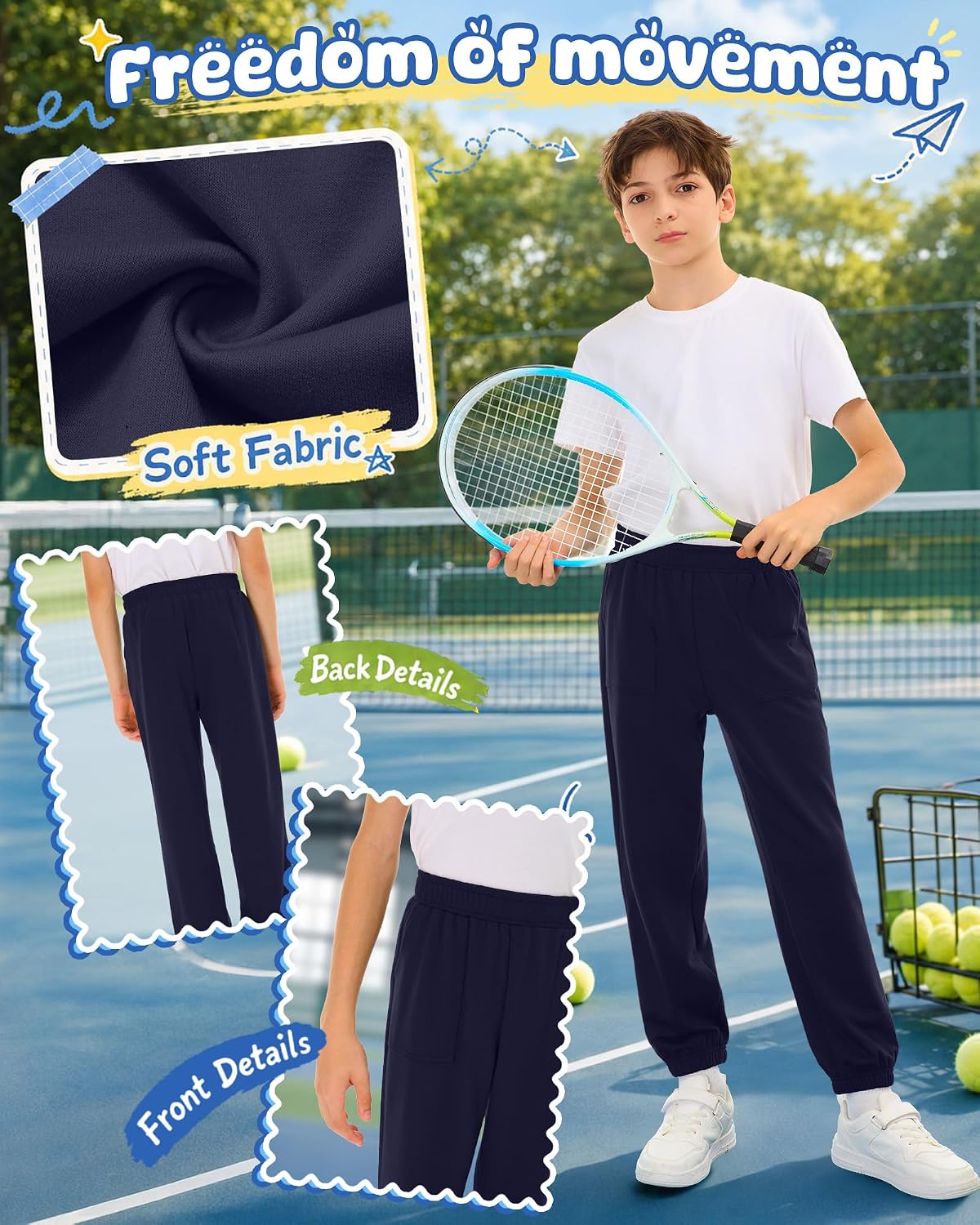Yooo's Vivi 3 Pack Boys' Sweatpants Baggy Elastic Waist Joggers Kids Casual Wide Leg Straight Athletic Pants with Pockets