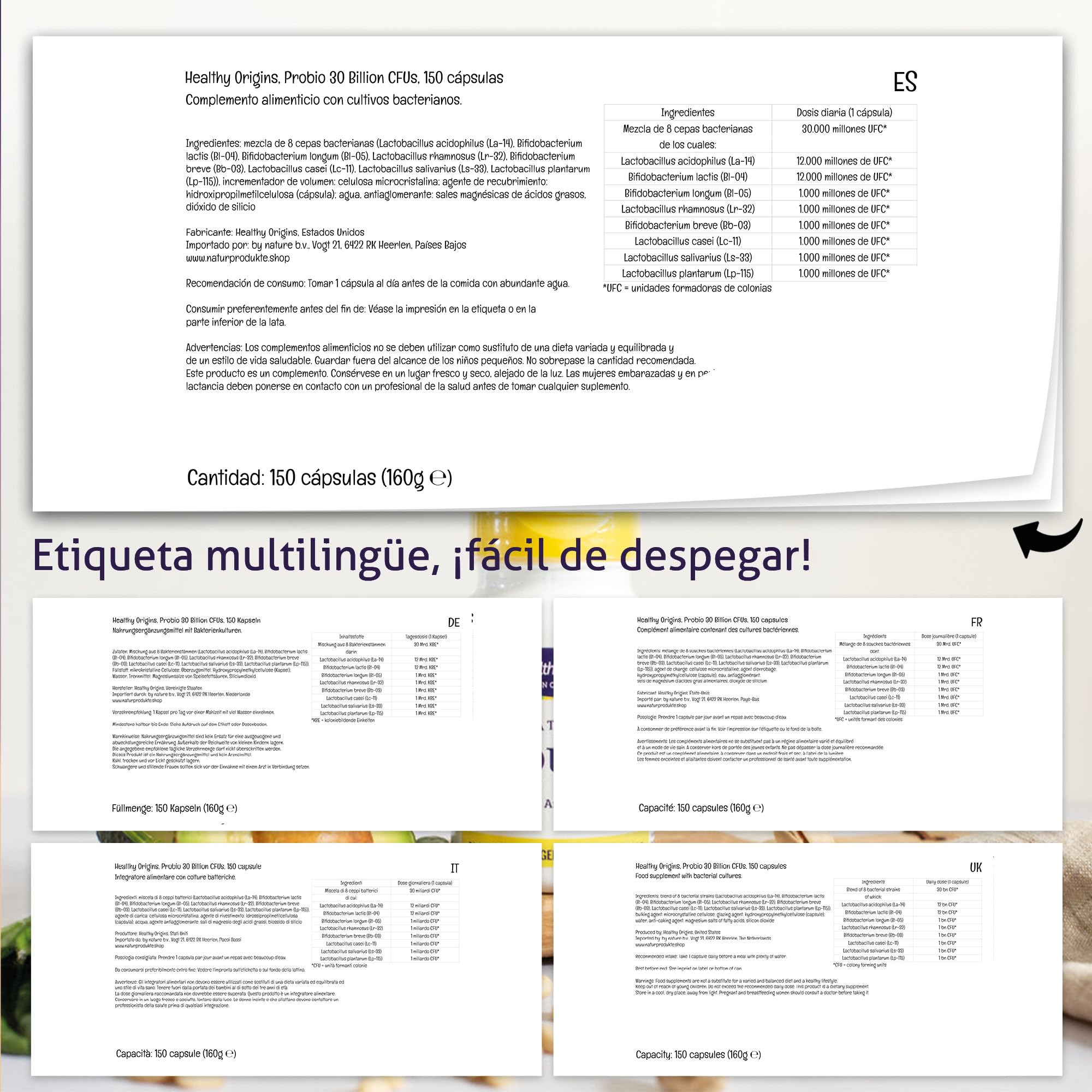 Healthy Origins, Probi, 8 Cepas de Bacterias, 30 Mil Millones de Cultivos Bacterianos por Cápsula, 150 Cápsulas, Testado en Laboratorio, Sin Soja, Vegetariano, Sin Gluten, No GMO
