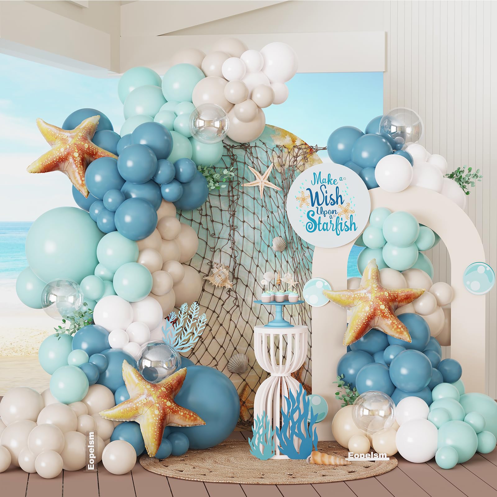 Party-Dekorationen unter dem Meer, 140 Stück, blau und sandweiß, Luftballons mit Seestern-Folienballons für Sommer, Ozean, Strand, Babyparty, Geburtstagsparty