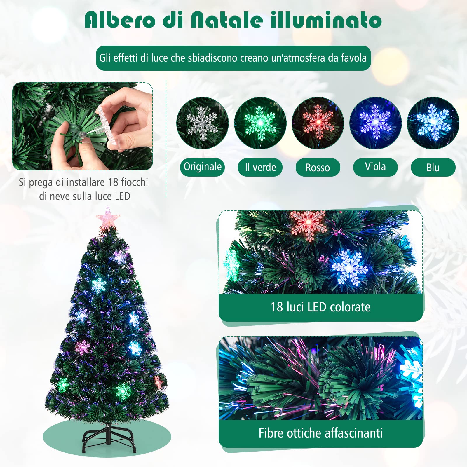 COSTWAY Albero di Natale 90/120/150/180 cm, Albero di Natale Artificiale con Luci LED, Rami Densi, Stelle Luminosi e Fibre Ottiche, Decorazione Natalizia per Casa, Ufficio e Negozio (120 cm)