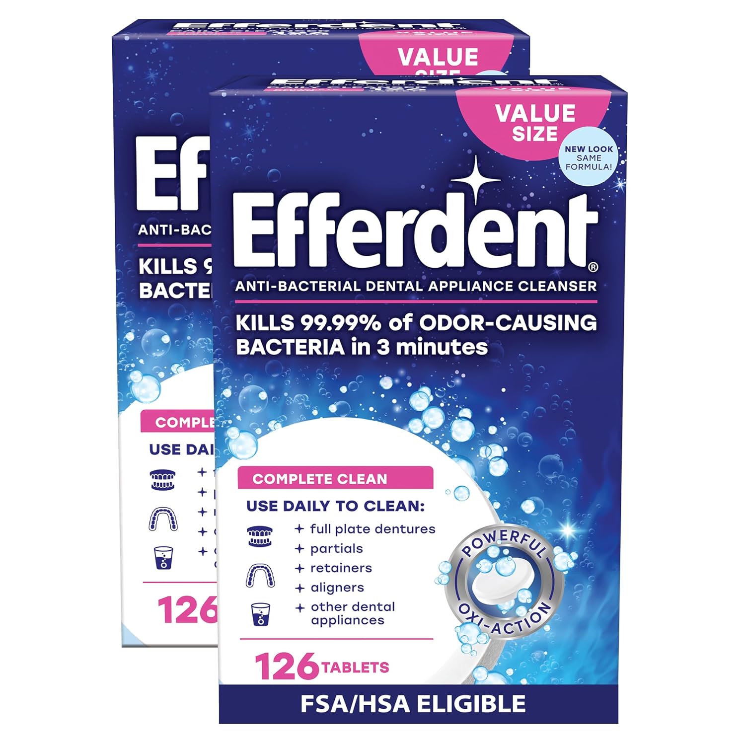 1 pack Efferdent Denture Cleaner Tablets – Dental Appliances, Aligners, Mouth Guard, and Retainer Cleaner Tablets, Complete Clean, 126 Count, Pack of 2 252 Count