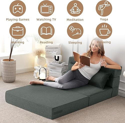 Miniatura 4 de FILUXE Sofá cama plegable convertible Sillón cama con almohada, moderna tela de lino para suelo y futón, colchón plegable para sala de estar,