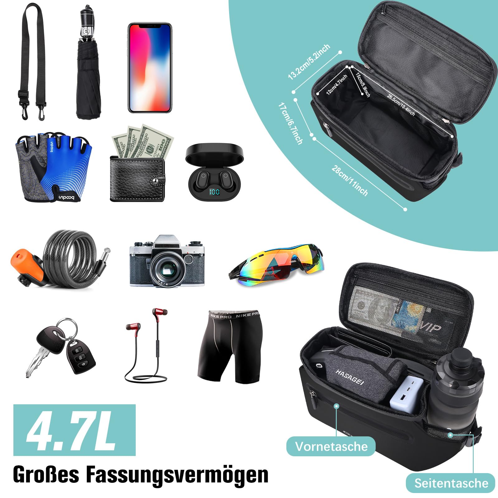 GXCROR Sacoche de guidon de vélo 4,7 l avec ouverture rapide | Support stable pour la ville et le trekking | Imperméable + compartiment pour téléphone portable + porte-gobelet