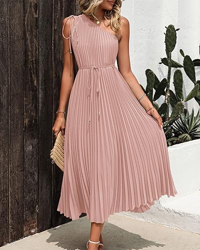 Vista 6 de BTFBM Vestido largo de verano con cordón y un hombro para mujer, sin mangas, con lazo en la cintura, plisado, largo y fluido, vestido de cóctel