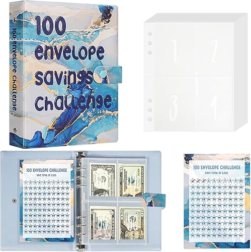 Hiwhy Carpeta de desafío de ahorro de 100 sobres, carpeta de presupuesto de cuero para planificar y ahorrar $5050, planificador de ahorro diario,
