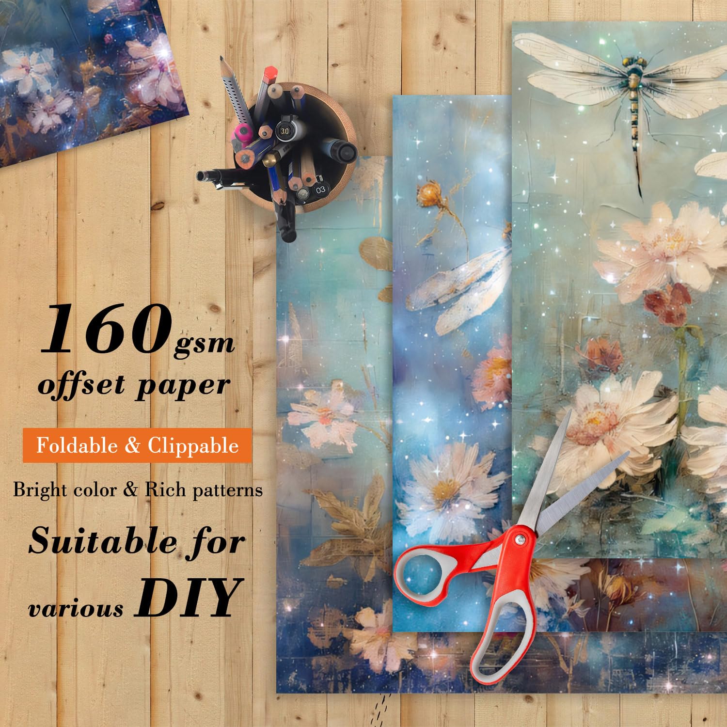 6 x 6 In Dragonfly Scrapbooking Paper Pad, 24 Sheets Floral Pattern Design Cardstock Decorative Decoupage for Photo Album Card Making Folded Supplies Gift Wrapping Junk Journals Crafts
