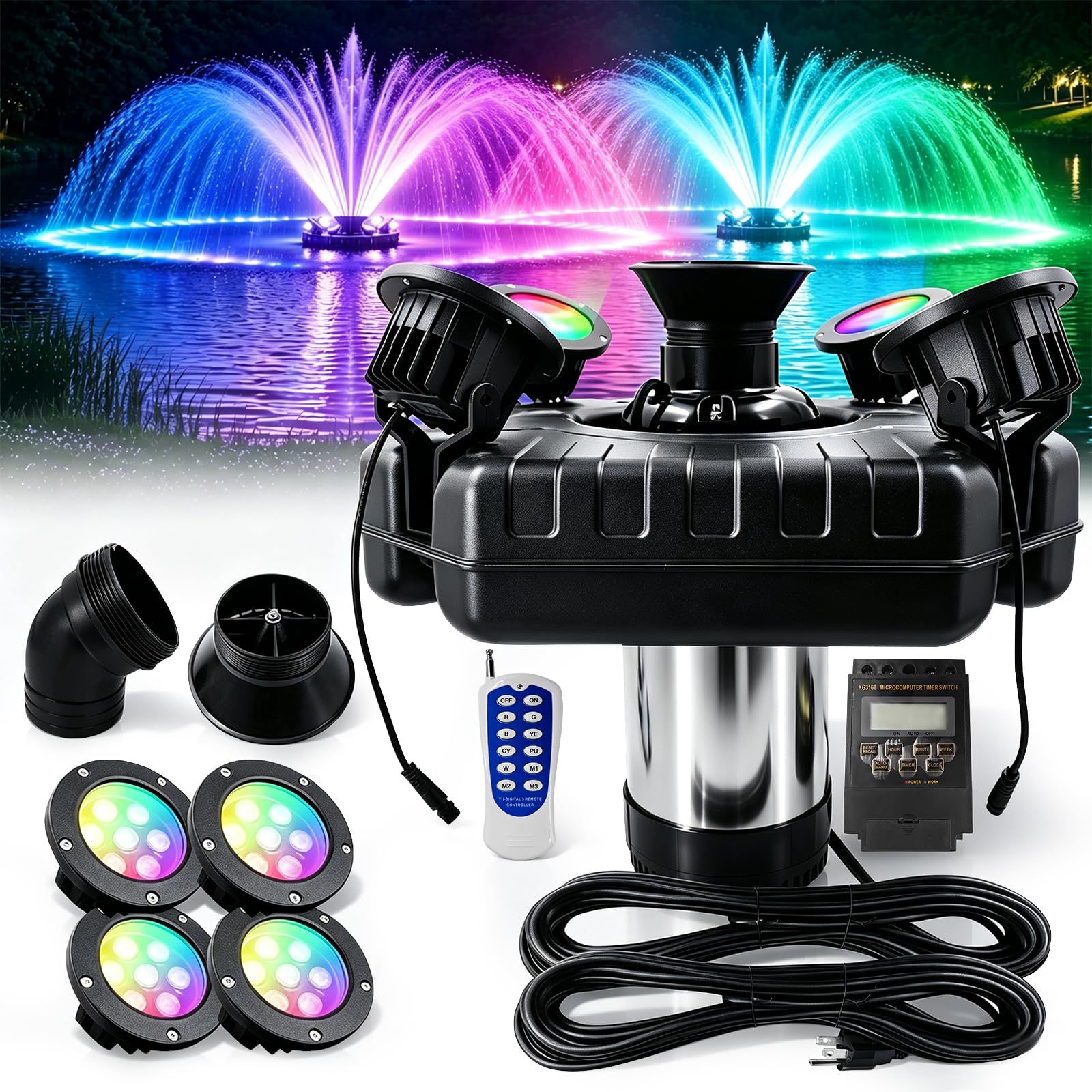 Pond Fountain Aerator with 4RGB Light 1HP 750W 110V 15000 GPH Fountain Pump