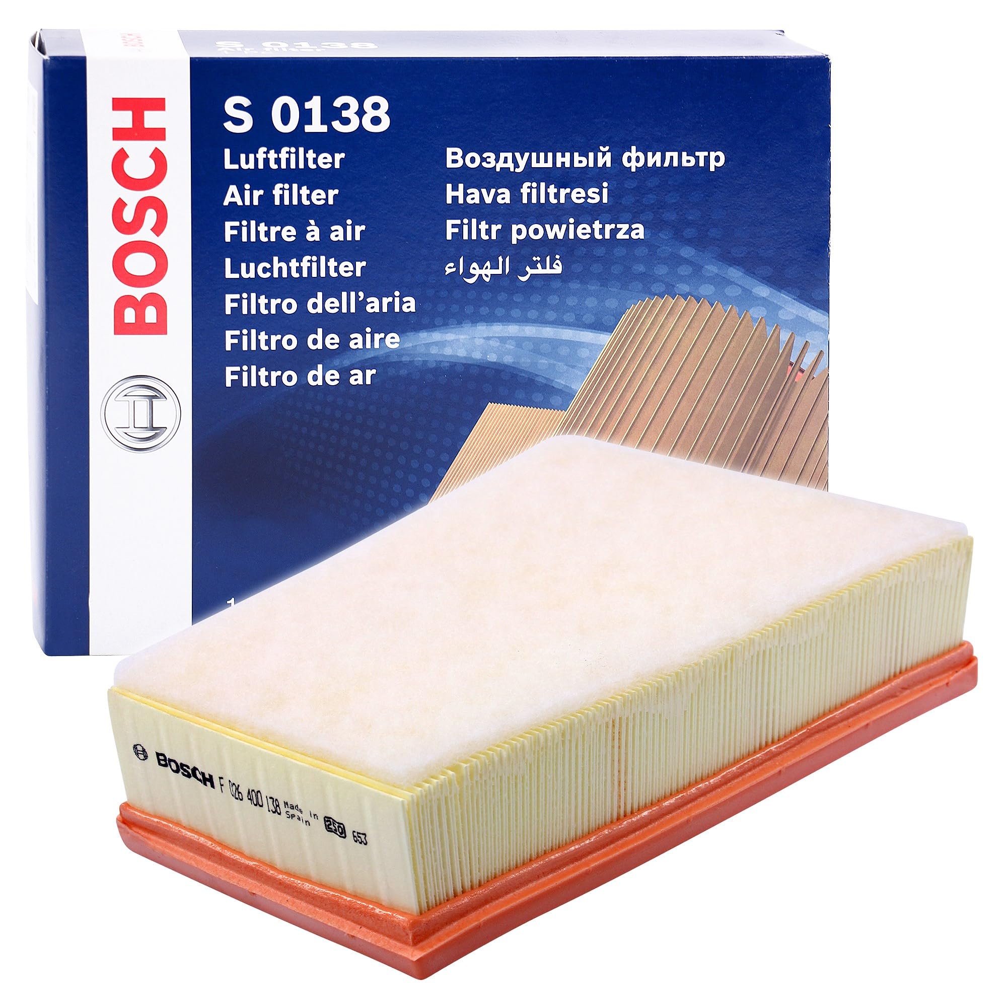Bosch S0138 Car Air Filter - Separates Particles from the Air Intake - Moisture-resistant plus High Tensile Strength