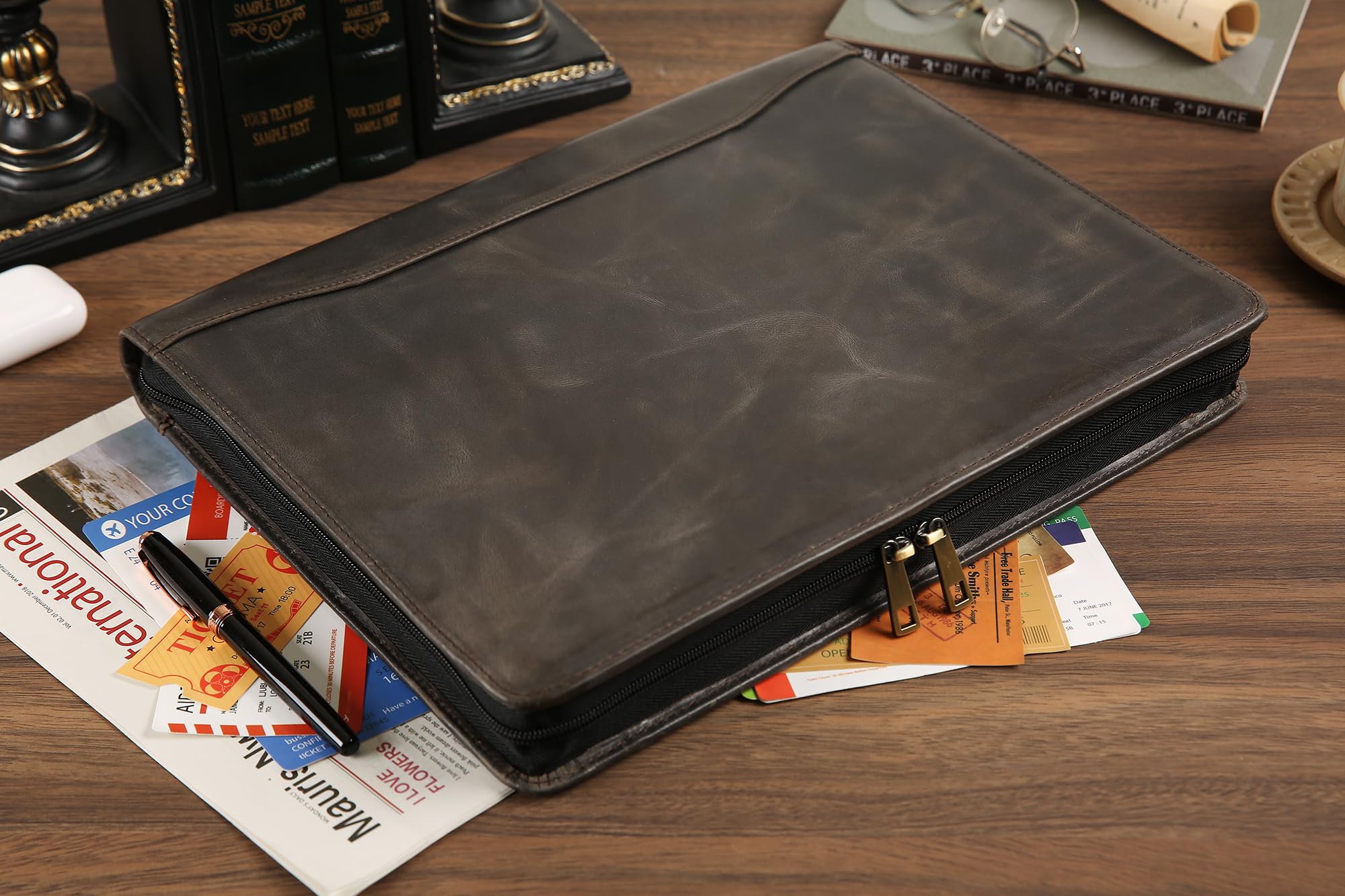 Portefeuille en cuir fait à la main pour homme et femme, porte-documents personnalisé en cuir pour gaucher avec porte-bloc-notes A4 (gris, non personnalisé)