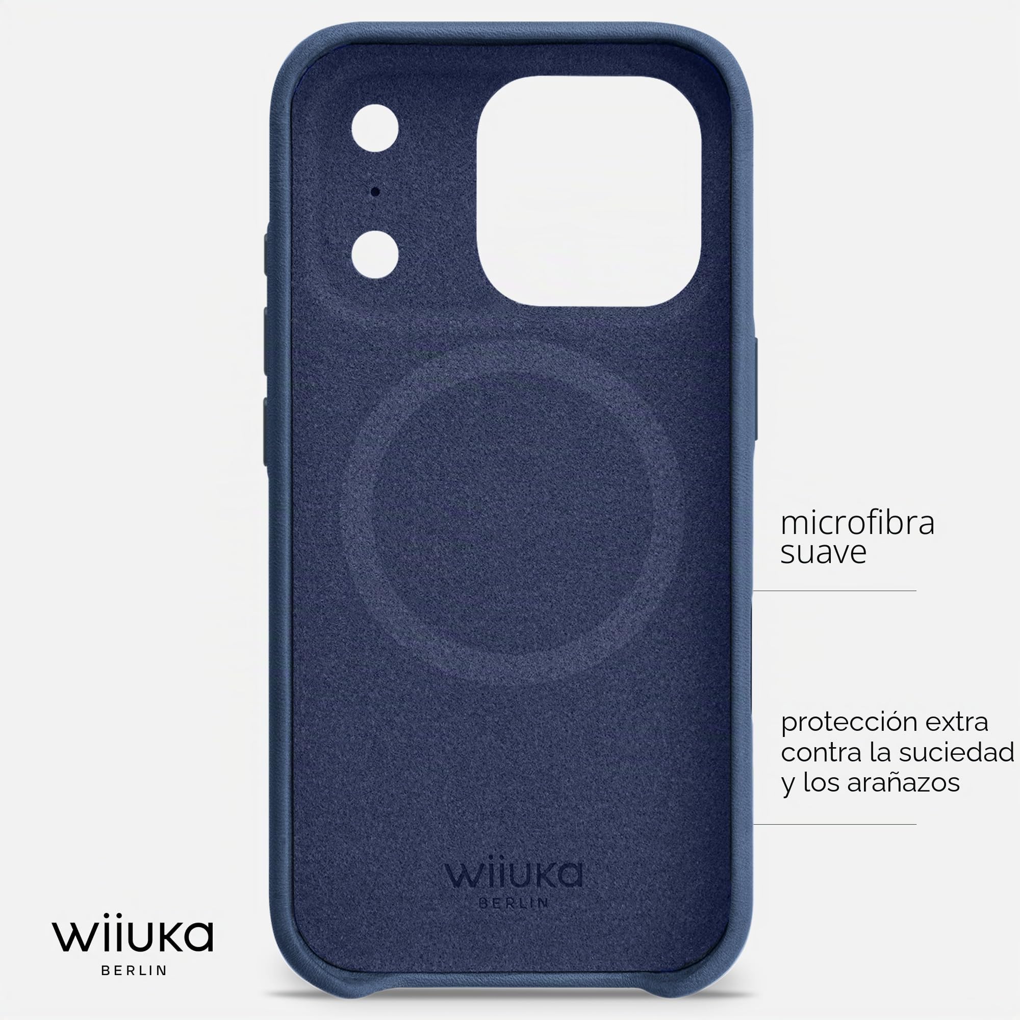 WIIUKA Funda para iPhone 17 Pro, piel de Alemania, funda de piel extrafina, funda premium para teléfono móvil, funda Qi, esquí, azul noche