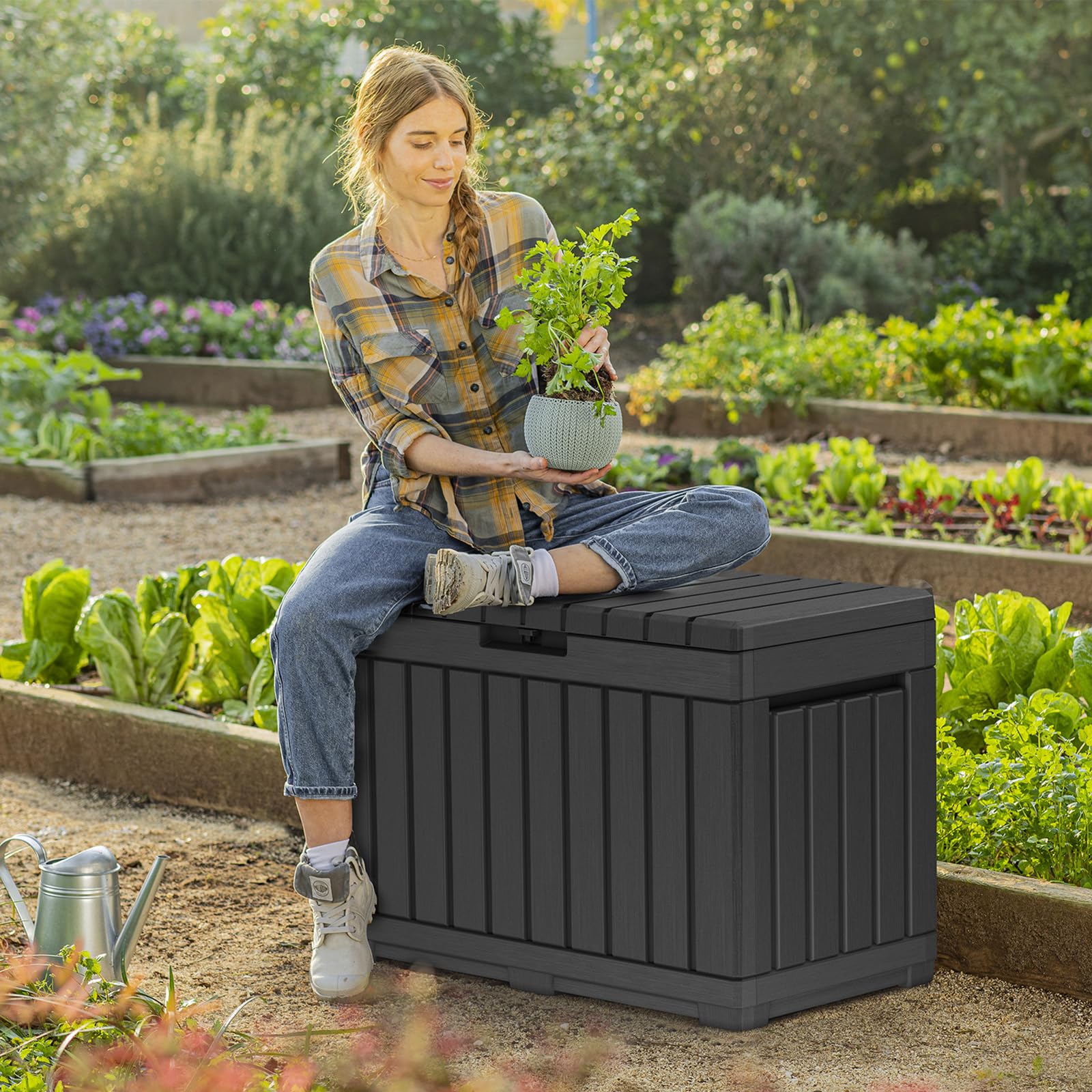 Koll Living Gartenbox Kentwood 190 Liter Stauraum Anthrazit | Aufbewahrungsbox mit Sitzfunktion mit viel Platz für Sitzauflagen, Gartengeräte oder Kinderspielzeug | wasserdicht & gut belüftet