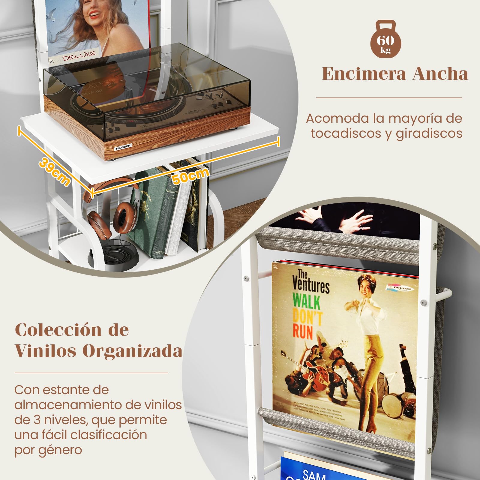 GOPLUS Soporte para Tocadiscos con Almacenamiento de 5 Niveles, Estantería Organizador para Vinilos con Juegos Antivuelco, Soporte para Tocadiscos con 3 Estantes para Discos de Vinilo (Blanco)