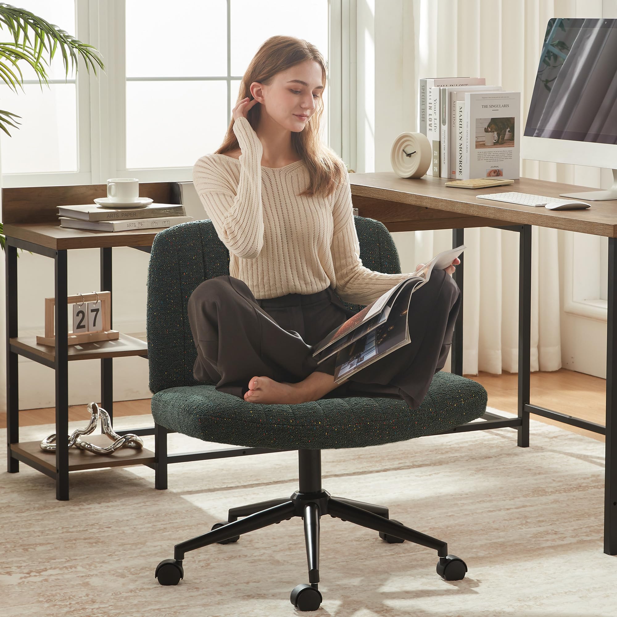 dowinx criss cross chair with wheels preminum fabric and pocket spring cushion adjustable swivel wide seat computer chair morden design vanity chair green