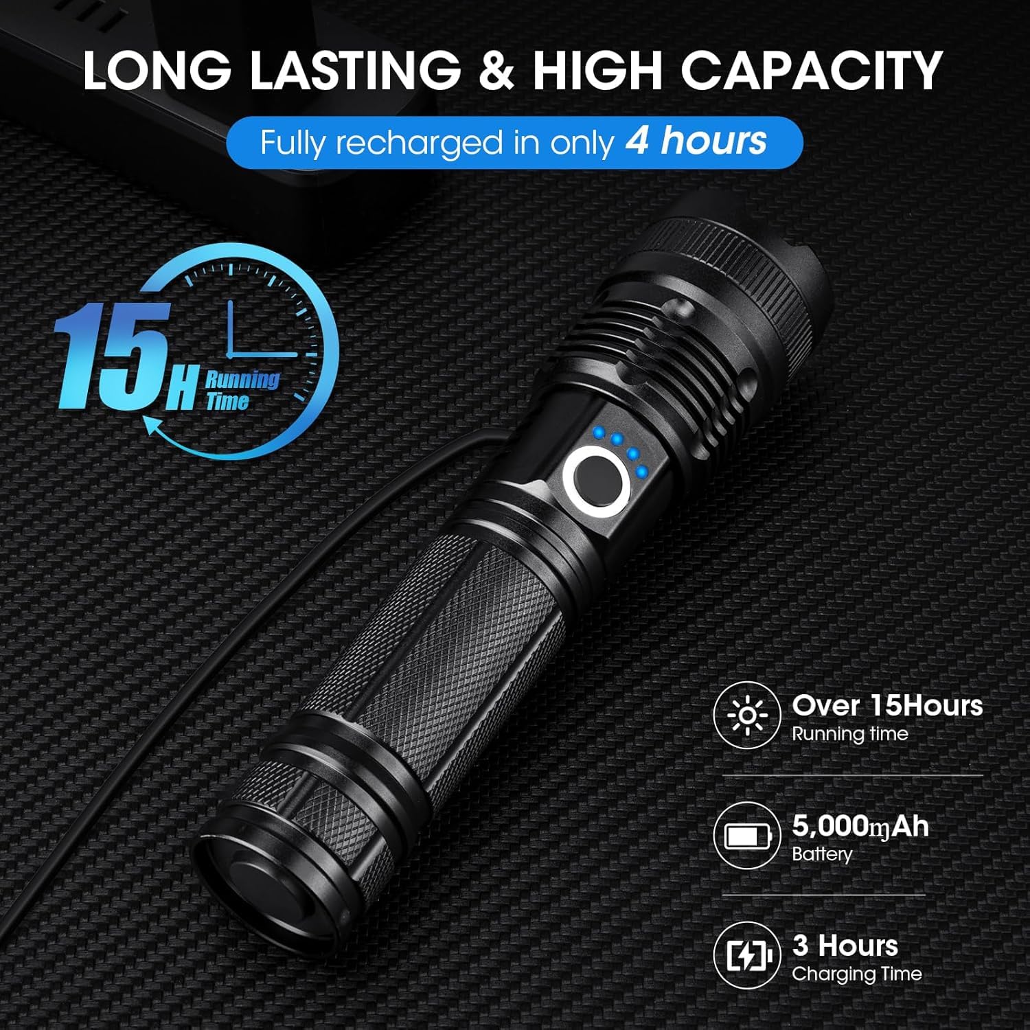 Linterna recargable de 99.000 lúmenes altos, paquete de 2 luces LED brillantes con 5 modos, potente lintera de mano impermeable para acampar en casa (L-2P)