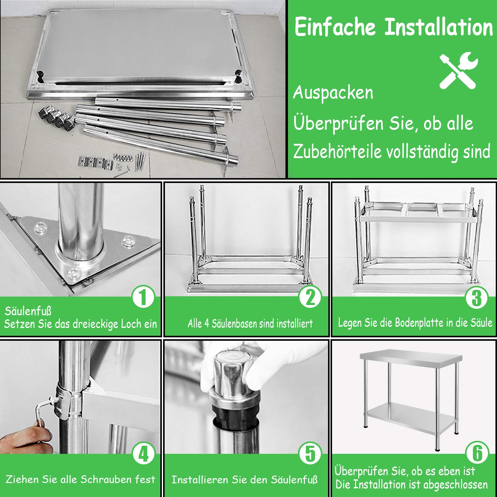 Froadp 120x60x85cm Edelstahl Arbeitstische für Lebensmittelzubereitung Küche Tisch mit Faden Verstellbare Fuß & Ablagefläche Multifunktionale Gastro Zubereitungstisch Grilltisch mit Aufkantung