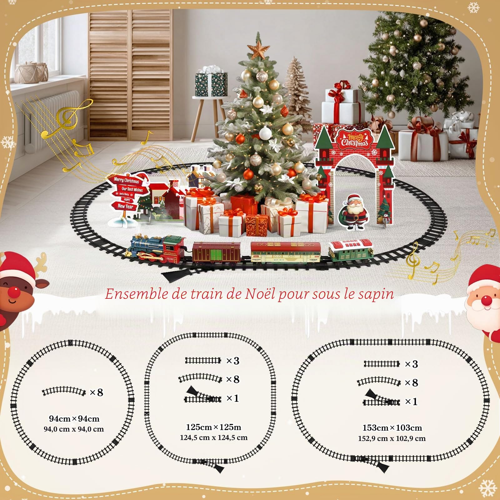 Train électrique de Noël rétro avec Sons, lumières, Vapeur et Batterie Rechargeable, Comprenant Locomotive, Wagons et scène décorative, Jouet Train de Noël sous Le Sapin, pour Enfants dès 3 Ans