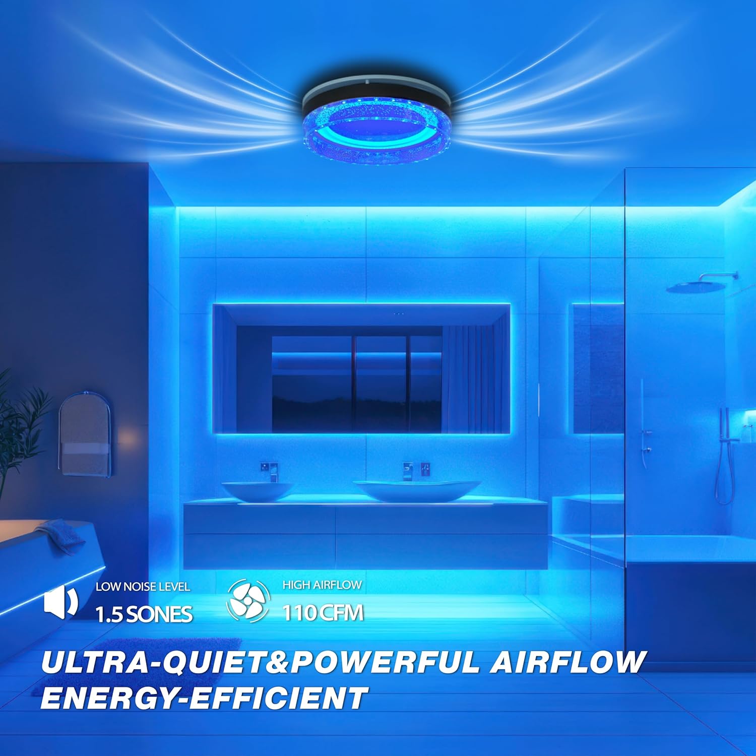 Akicon Bathroom Exhaust Fan with LED Light, 110 CFM 1.5 Sones Ceiling Mount Shower Vent Fan, Bathroom Fan Ventilation with Adjustable Light & Night Light for Home, Black