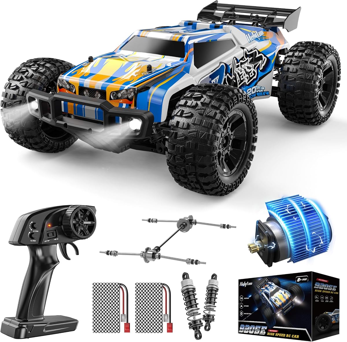 Coche grande de control remoto de alta velocidad 1:10 con luces LED, más de 48 km/h, camión monstruo todoterreno 4WD para adultos y niños, vehículo de camión Hobby RC, juguete de orugas de 2 baterías, regalo para niños
