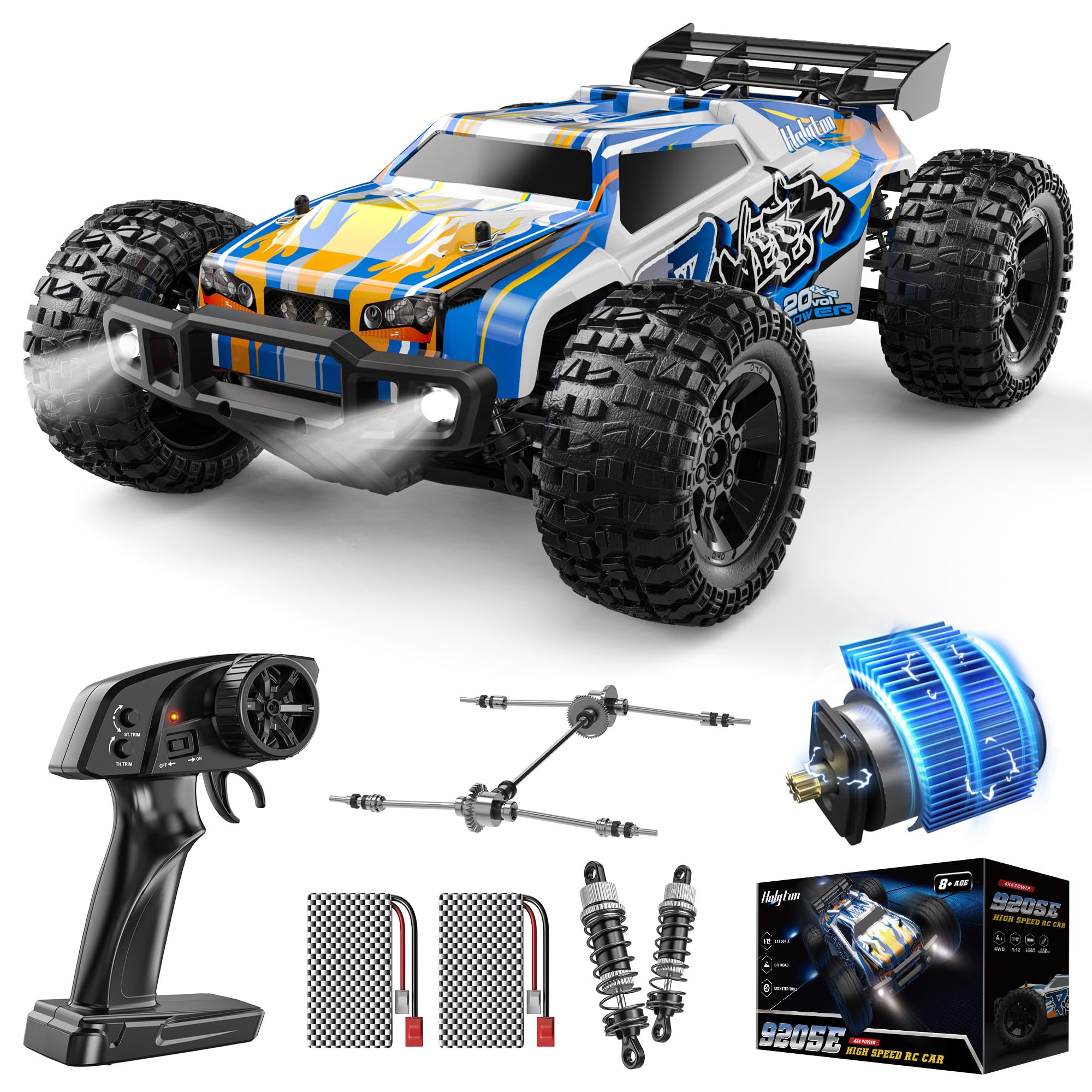 Holyton 1:10 Large High Speed Remote Control Car with LED Shell Lights, 48+ KM/H, 4WD Offroad Monster Truck for Adults & Kids, Hobby RC Truck Vehicle, 2 Battery Crawler Toy Gift for Boy