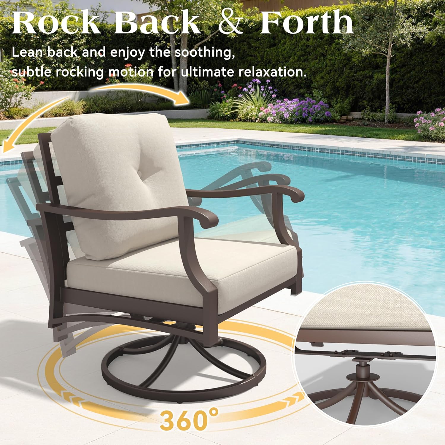4 Piece Aluminum Patio Furniture Set, Metal Outdoor Conversation Set w/3-Seat Sofa, 2 Rocking Swivel Chairs, Side Table, Patio Bistro Set w/5" Thickened Cushions for Backyard, Poolside, Beige