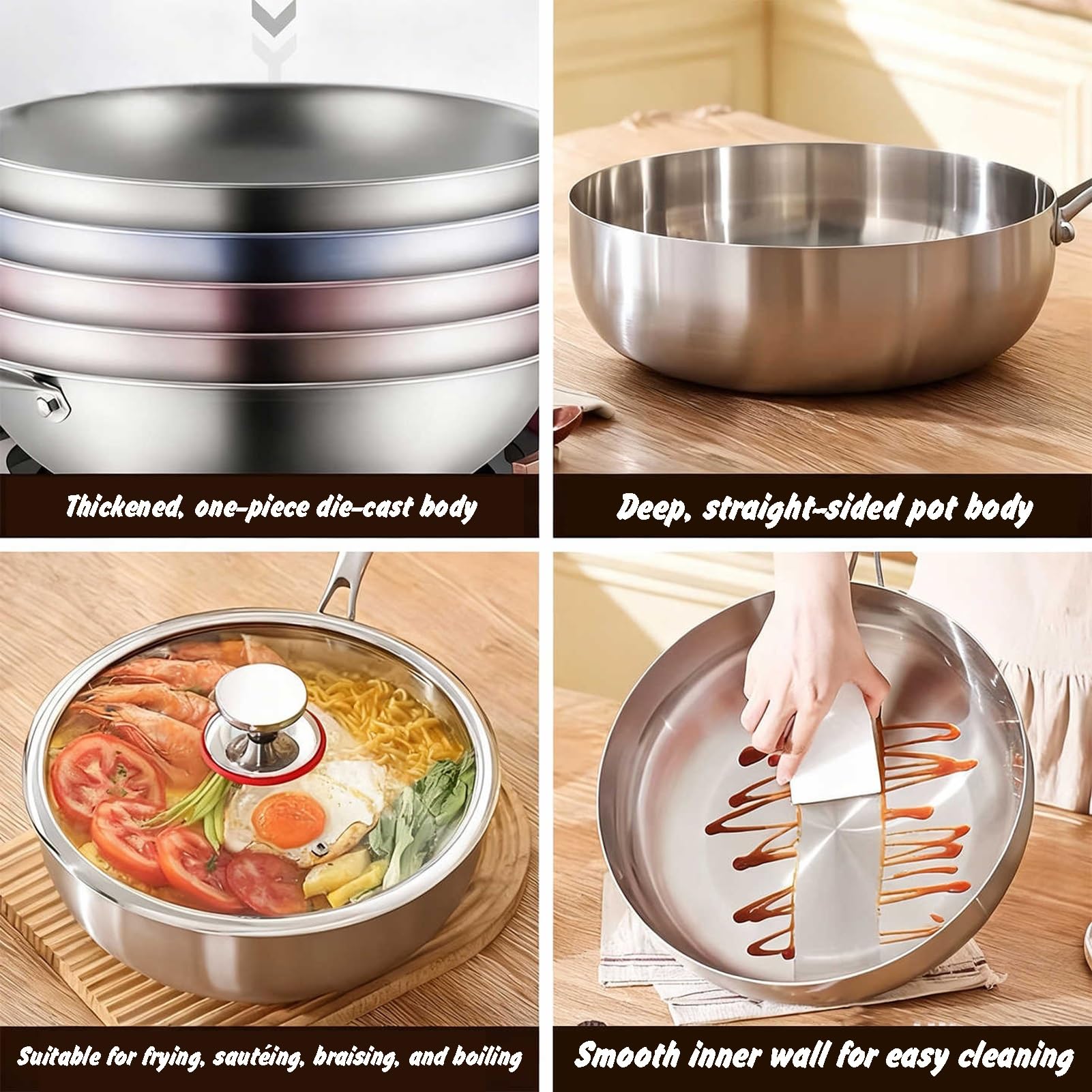 Generico Wok, Resistente Al Forno, In Acciaio Inossidabile Pre-stagionato Con Coperchio, Sicuro For Le Alte Temperature Compatibile Tutti I Piani Cottura(26cm)