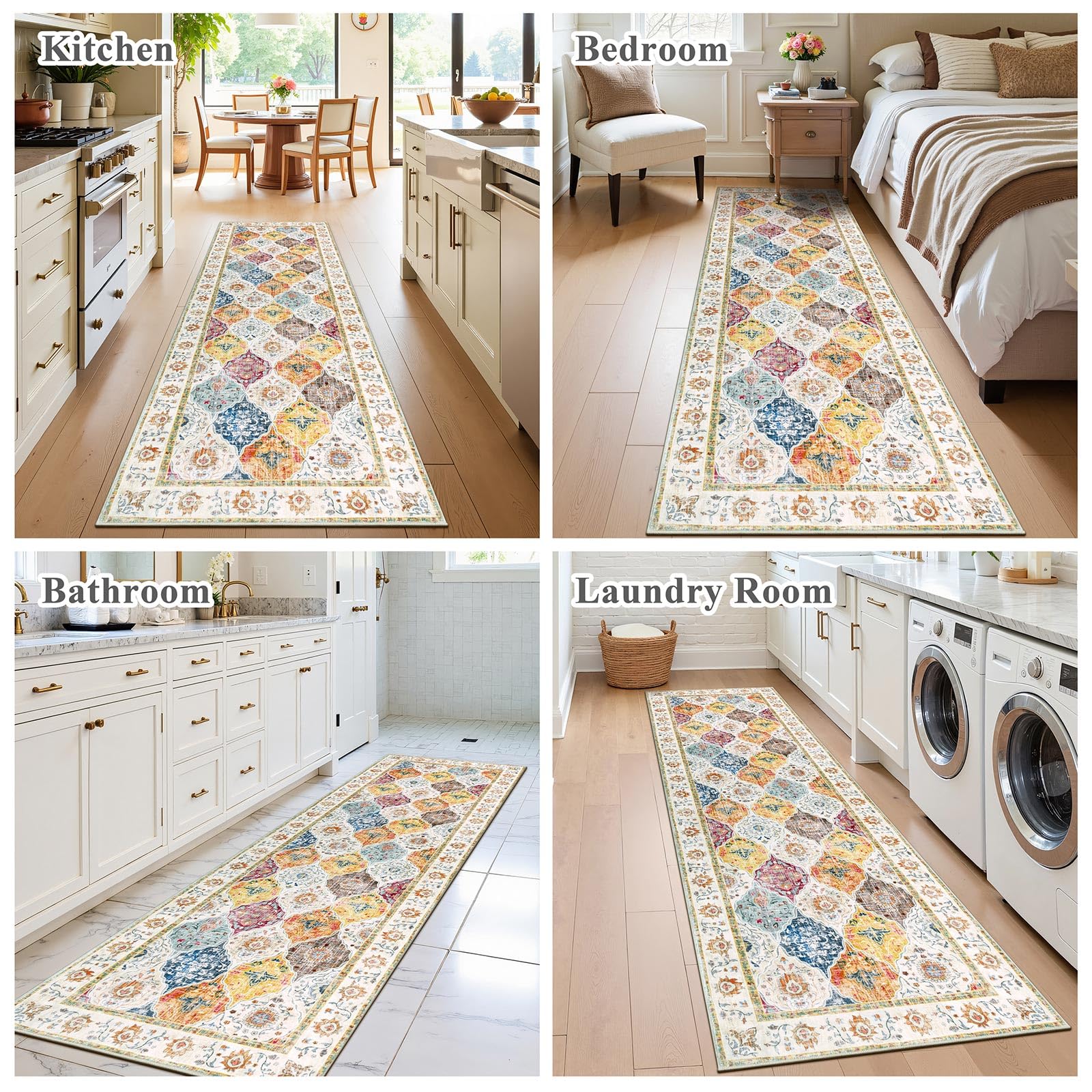 SHACOS Alfombra de Pasillo Larga 60x240cm Alfombra Corredor Antideslizante Estilo Bohemio Alfombras de Área Lavable Suave Geométrica para Pasillo, Salon, Dormitorio, Cocina, Lavandería