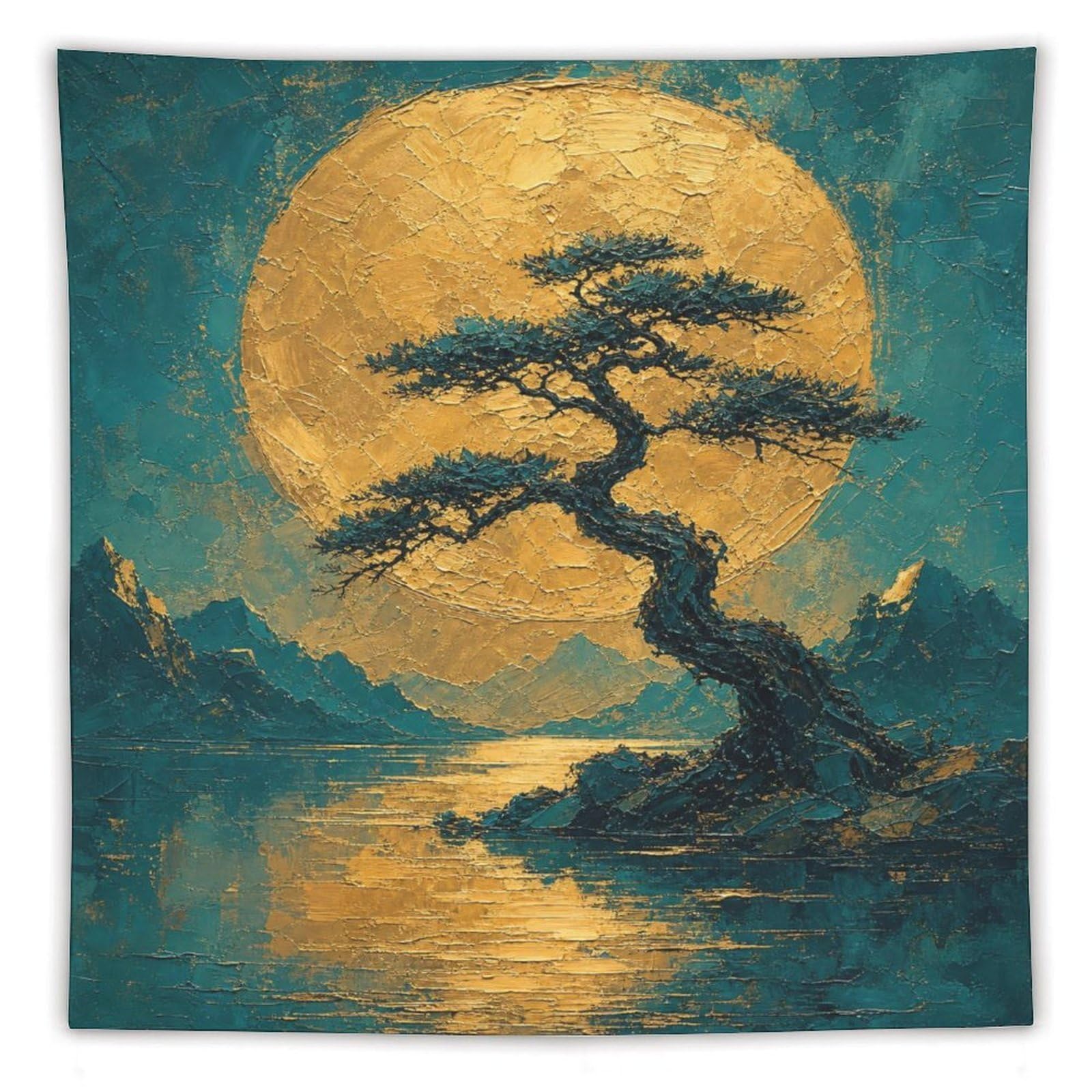 H3B8U2Y5 Golden Moon Pine Landscape Wall Tapestry, Ukiyo-e, Quiet Lake