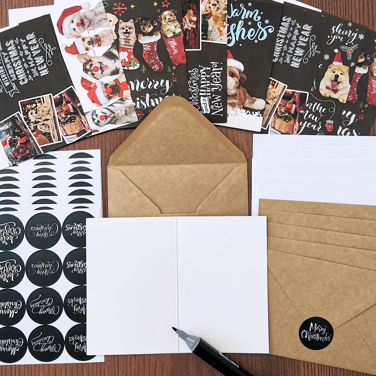 Lot de 120 cartes de Noël avec enveloppes autocollantes, assortiment de 6 motifs festifs de chiens en vrac, tableau noir en vinyle, cartes de vœux pour Noël