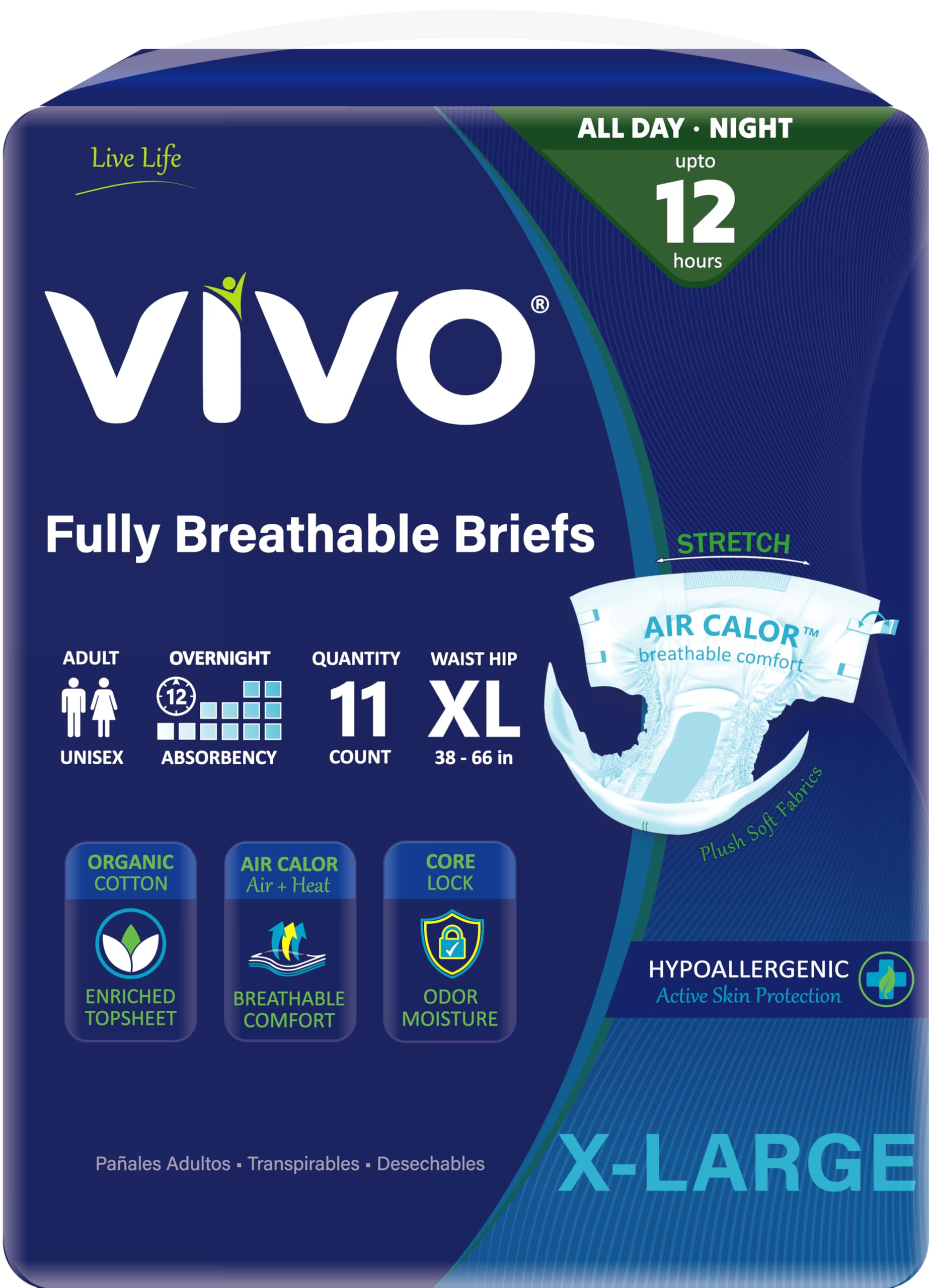 VIVO Organic Cotton Overnight Sensitive Skin Adult Incontinence Diaper Briefs with Tabs, X-Large