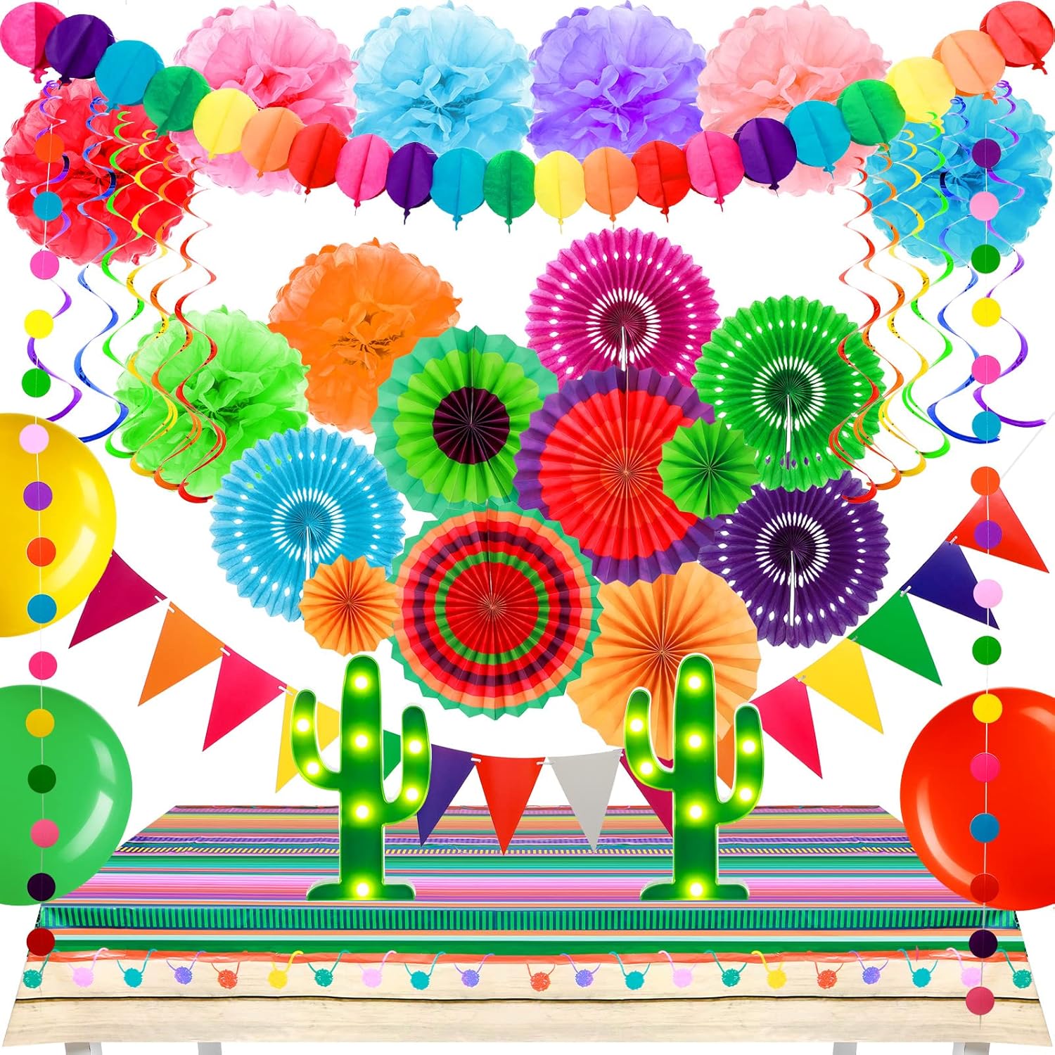 64 Pcs Mexican Fiesta Party Decor, Cinco De Mayo Serape Plastic Tablecloths Multi-color Paper Fans, Pom Poms Flowers, Garlands String Polka Dot Triangle Bunting Flags, Latex Balloons, LED Cactus Light