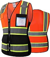 Vista 9 de Chaleco de seguridad reflectante de alta visibilidad para hombres y mujeres con bolsillos y cremallera frontal, cumple con los estándares ANSI/ISEA