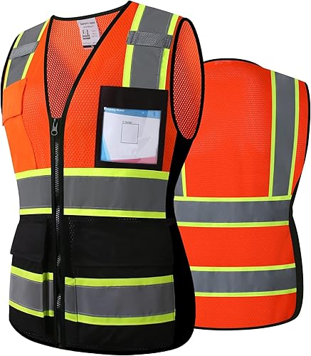 Miniatura 9 de Chaleco de seguridad reflectante de alta visibilidad para hombres y mujeres con bolsillos y cremallera frontal, cumple con los estándares ANSI/ISEA