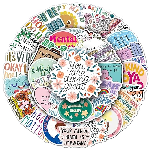 100pcs Mental Health Stickers for Water Bottle, Mental Health Matters Awareness Therapist Waterproof Vinyl Decal for Kids Adult Girl Laptop Skateboard Phone Notebook Guitar(Positive Affirmation)