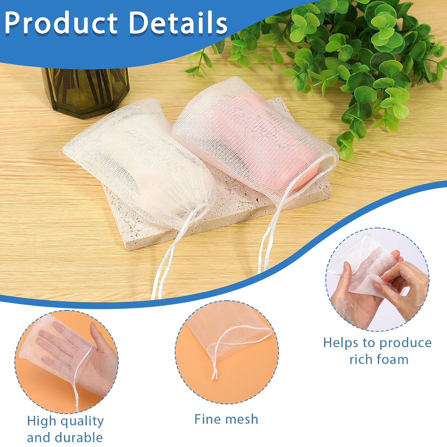 Mozeat Lens 20 PCS Exfoliating Mesh Soap Saver Pouch Bag Mesh Soap Bag Handmade Soaps Bubble Meshs Net Bags with Drawstring Meshs Foaming Net Soaps Sack Bags for Bath & Shower image 4