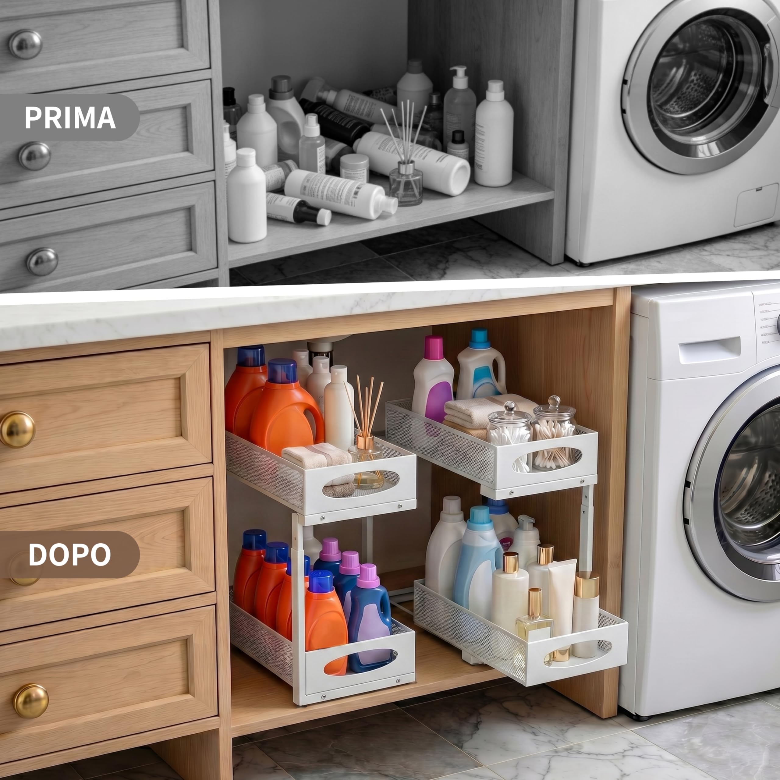 Organizer Sottolavello Cucina，Scaffale Estraibile a 2 Livelli, Scorrevole Organizer Sottolavello Portaoggetti Ripiano Multiuso sotto Lavandino per Cucina Bagno，Regolabile in Altezza (bianco-32)