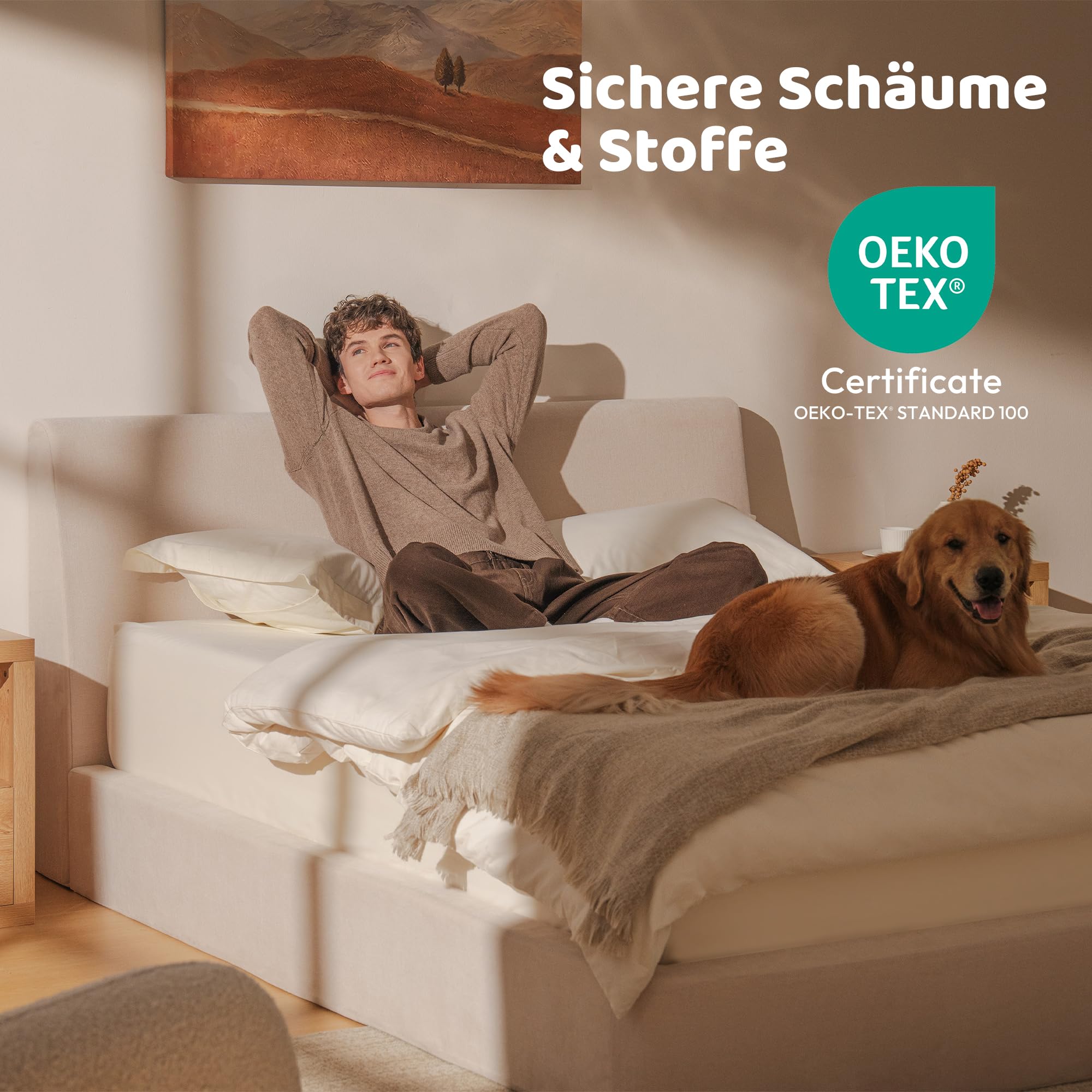 RECCI Polsterbett 160x200 cm, Weiches Schaumstoff-Bettgestell mit Ergonomischem Kopfteil, Vollgepolstertes Cloud-Design, Ohne Boxspring, Einfache Montage (Beige)